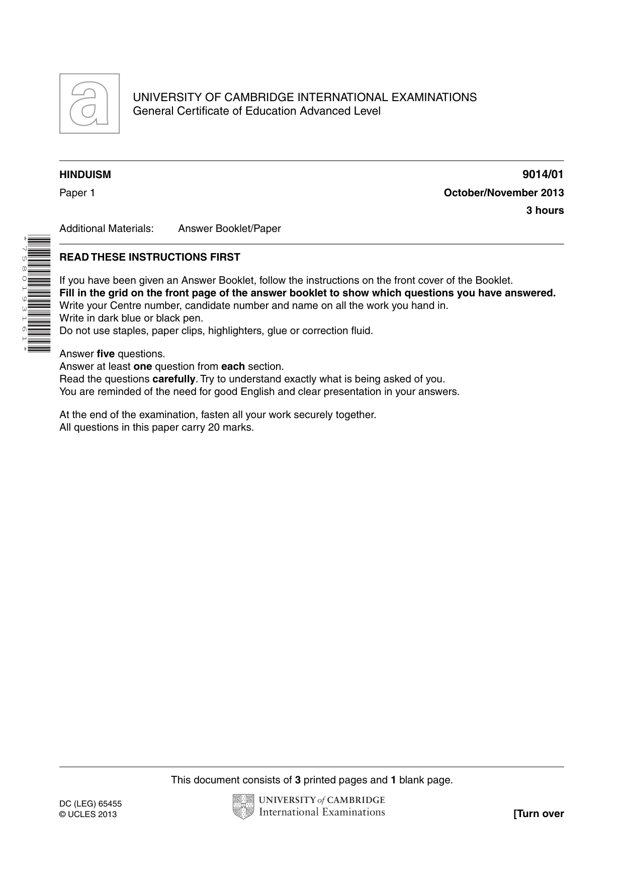 Cambridge A Level Hinduism 9014 2013 Oct/Nov Paper 1 · Variant 1 question paper, page 1 of 4