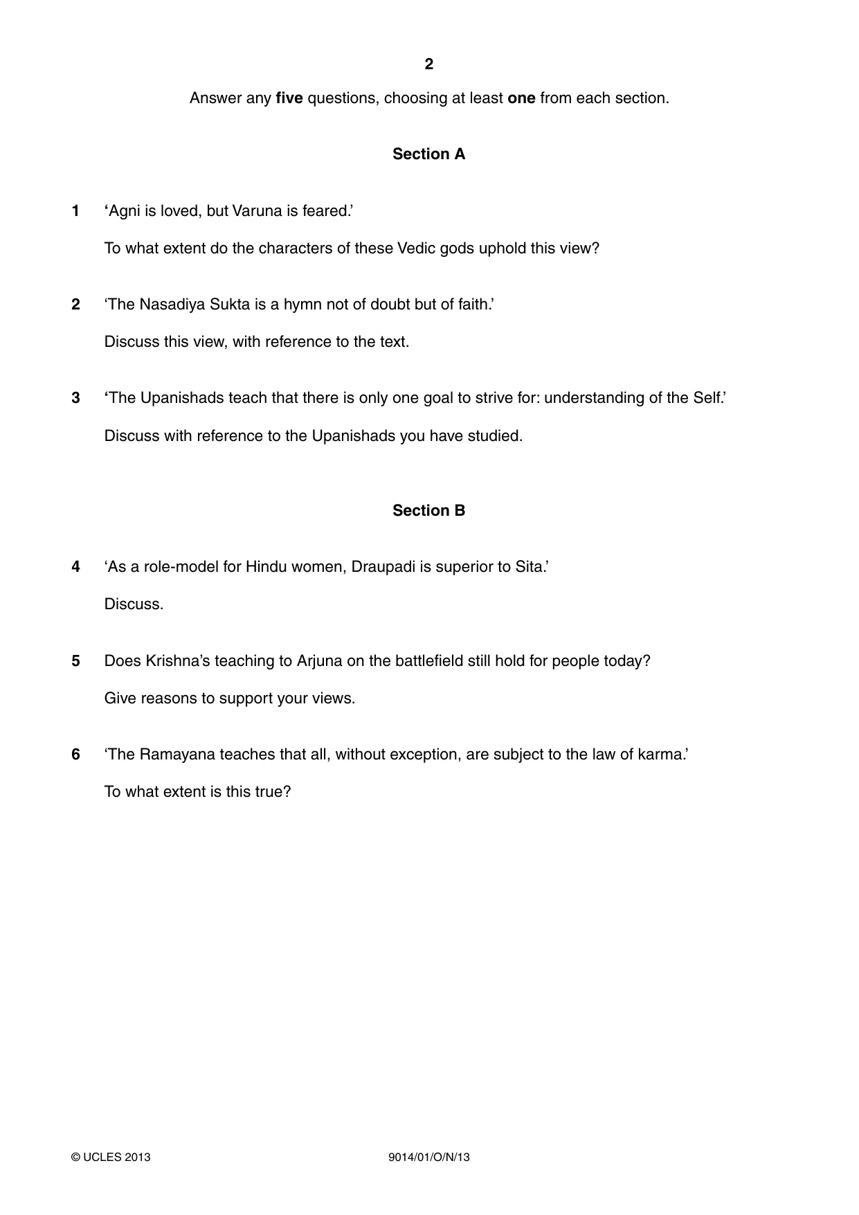 Cambridge A Level Hinduism 9014 2013 Oct/Nov Paper 1 · Variant 1 question paper, page 2 of 4