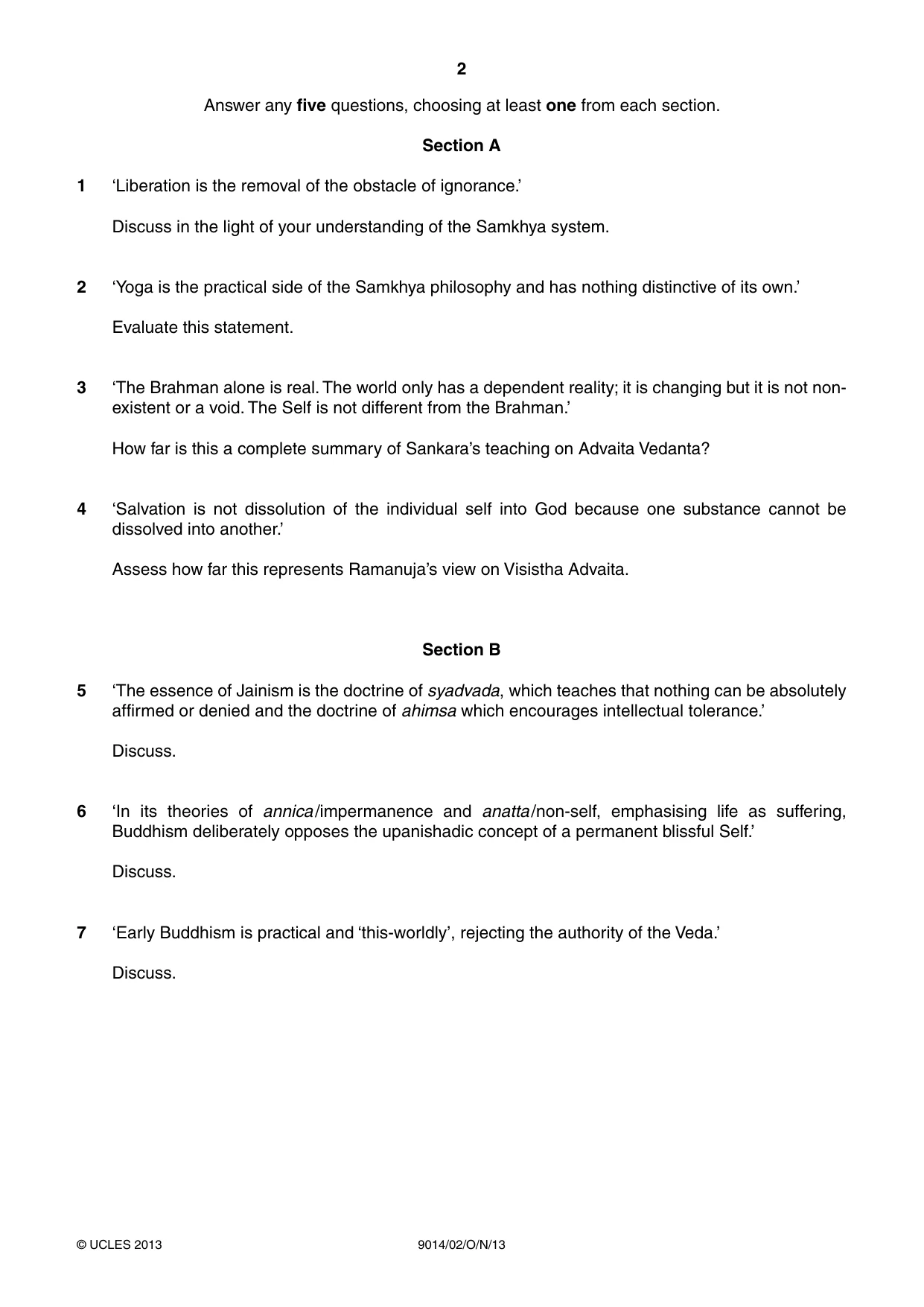Cambridge A Level Hinduism 9014 2013 Oct/Nov Paper 2 · Variant 1 question paper, page 2 of 4