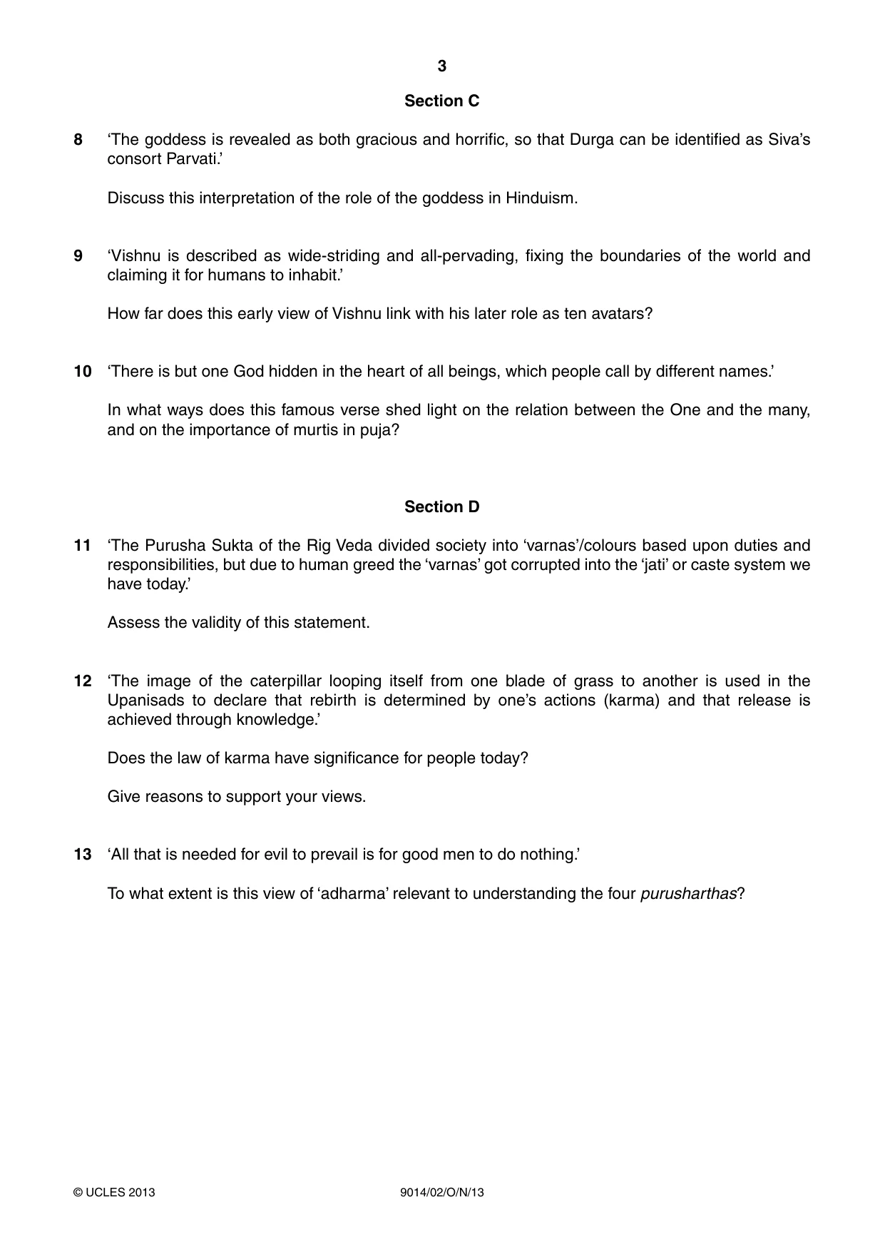 Cambridge A Level Hinduism 9014 2013 Oct/Nov Paper 2 · Variant 1 question paper, page 3 of 4
