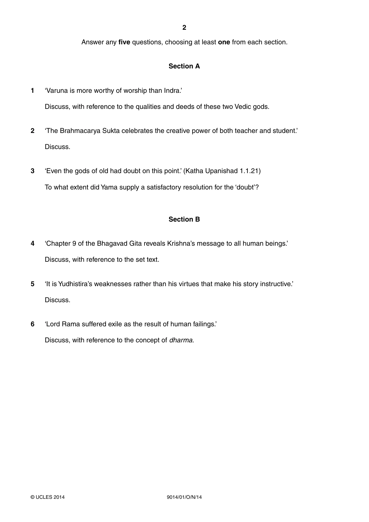 Cambridge A Level Hinduism 9014 2014 Oct/Nov Paper 1 · Variant 1 question paper, page 2 of 4