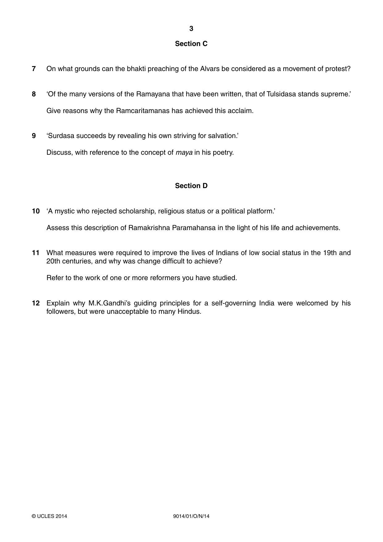 Cambridge A Level Hinduism 9014 2014 Oct/Nov Paper 1 · Variant 1 question paper, page 3 of 4