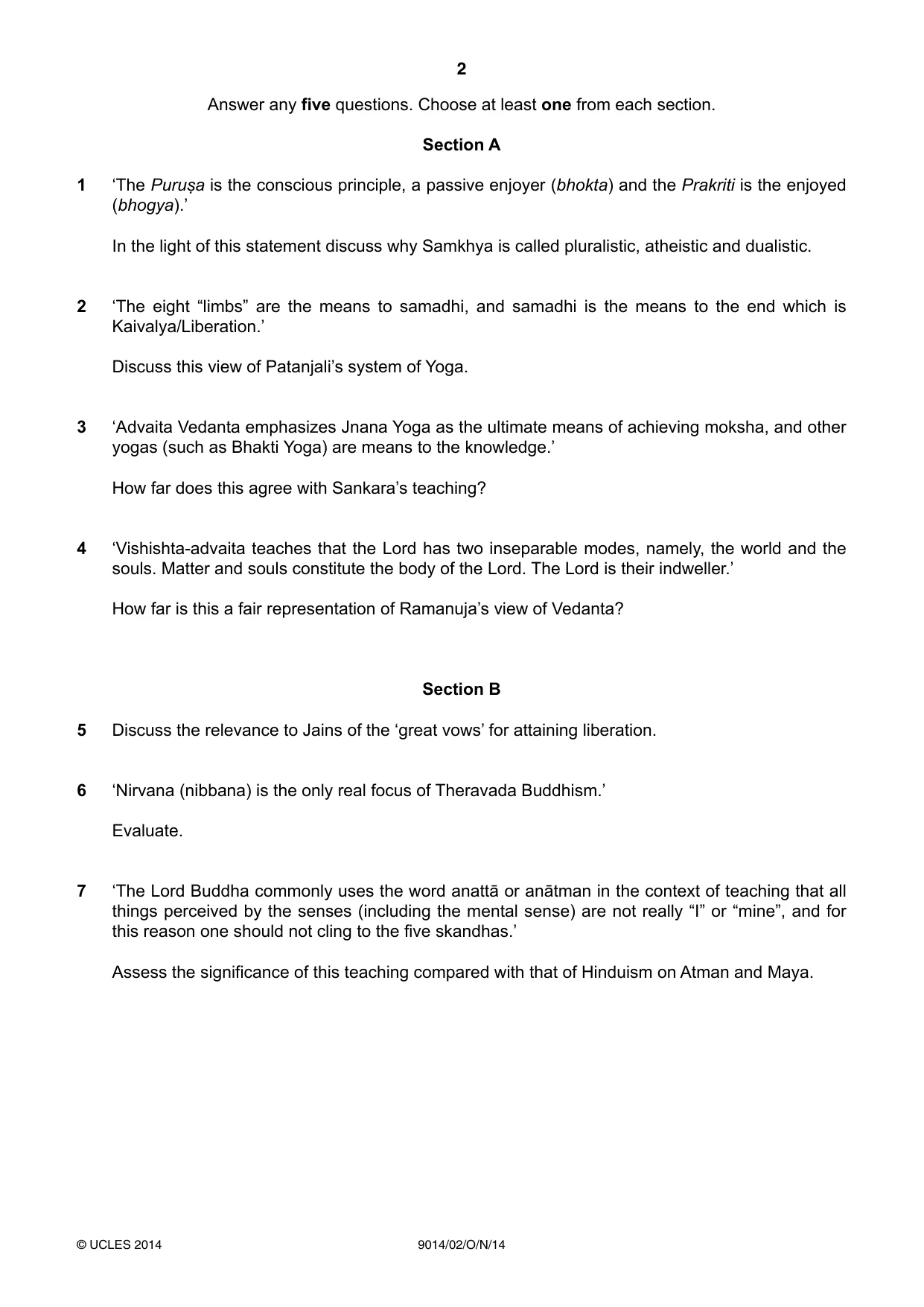 Cambridge A Level Hinduism 9014 2014 Oct/Nov Paper 2 · Variant 1 question paper, page 2 of 4