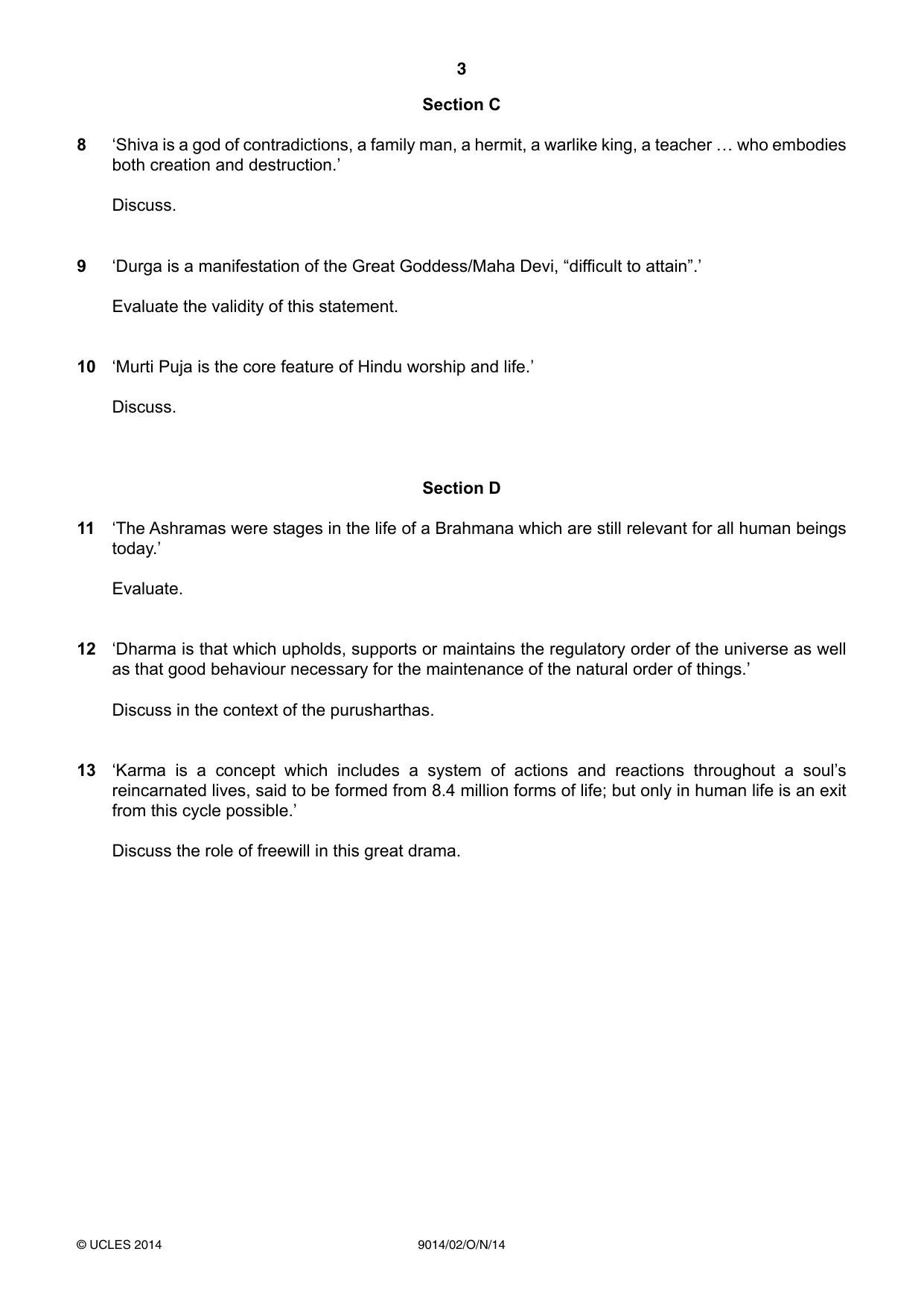 Cambridge A Level Hinduism 9014 2014 Oct/Nov Paper 2 · Variant 1 question paper, page 3 of 4