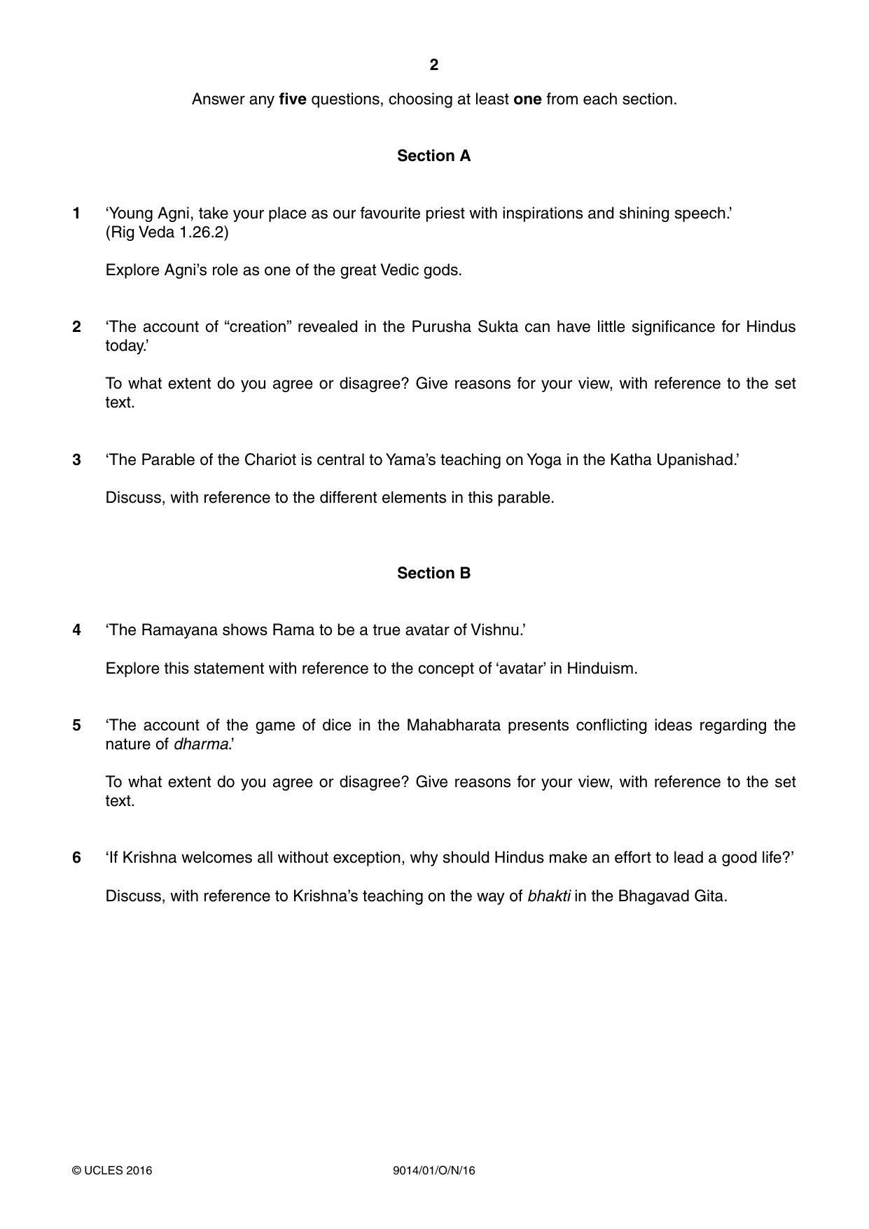 Cambridge A Level Hinduism 9014 2016 Oct/Nov Paper 1 · Variant 0 question paper, page 2 of 4