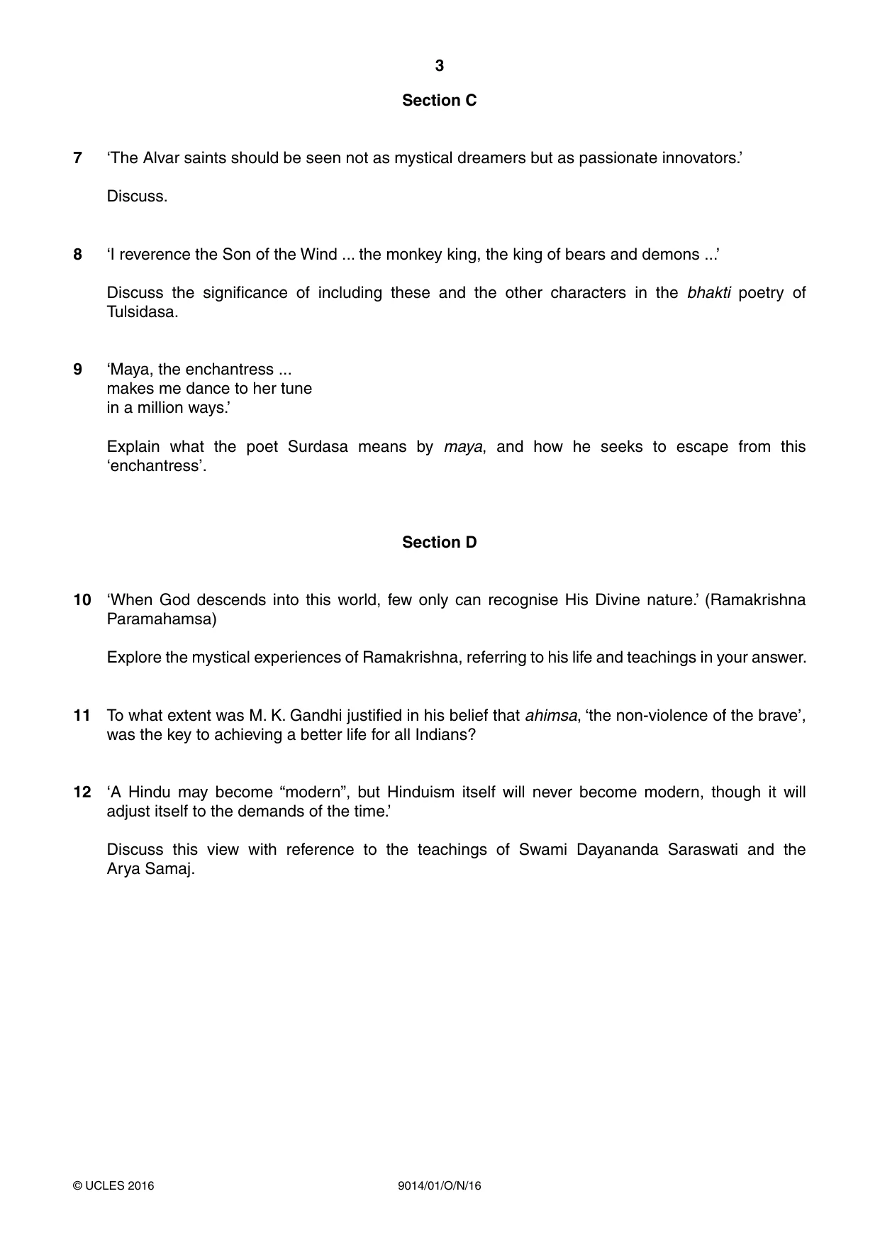 Cambridge A Level Hinduism 9014 2016 Oct/Nov Paper 1 · Variant 0 question paper, page 3 of 4