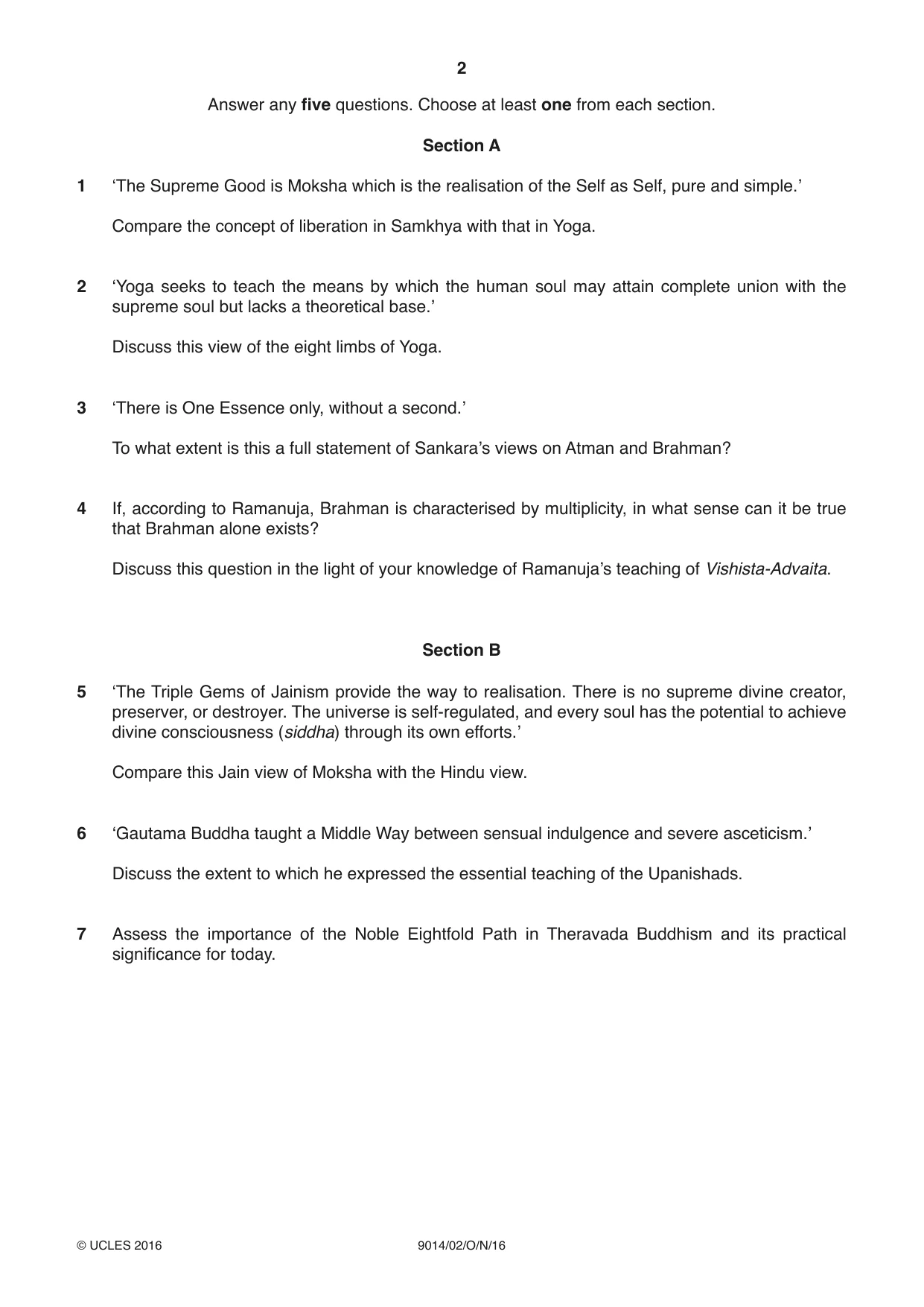Cambridge A Level Hinduism 9014 2016 Oct/Nov Paper 2 · Variant 0 question paper, page 2 of 4