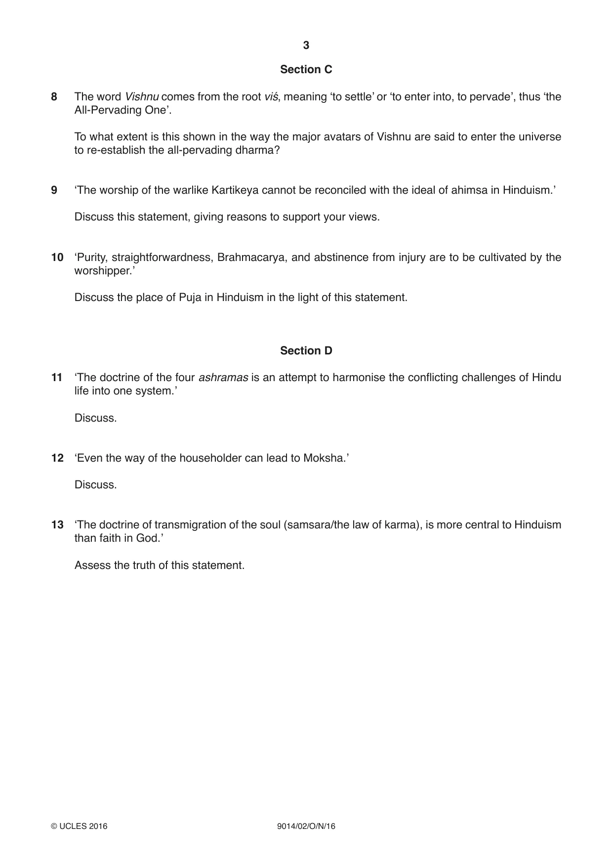 Cambridge A Level Hinduism 9014 2016 Oct/Nov Paper 2 · Variant 0 question paper, page 3 of 4