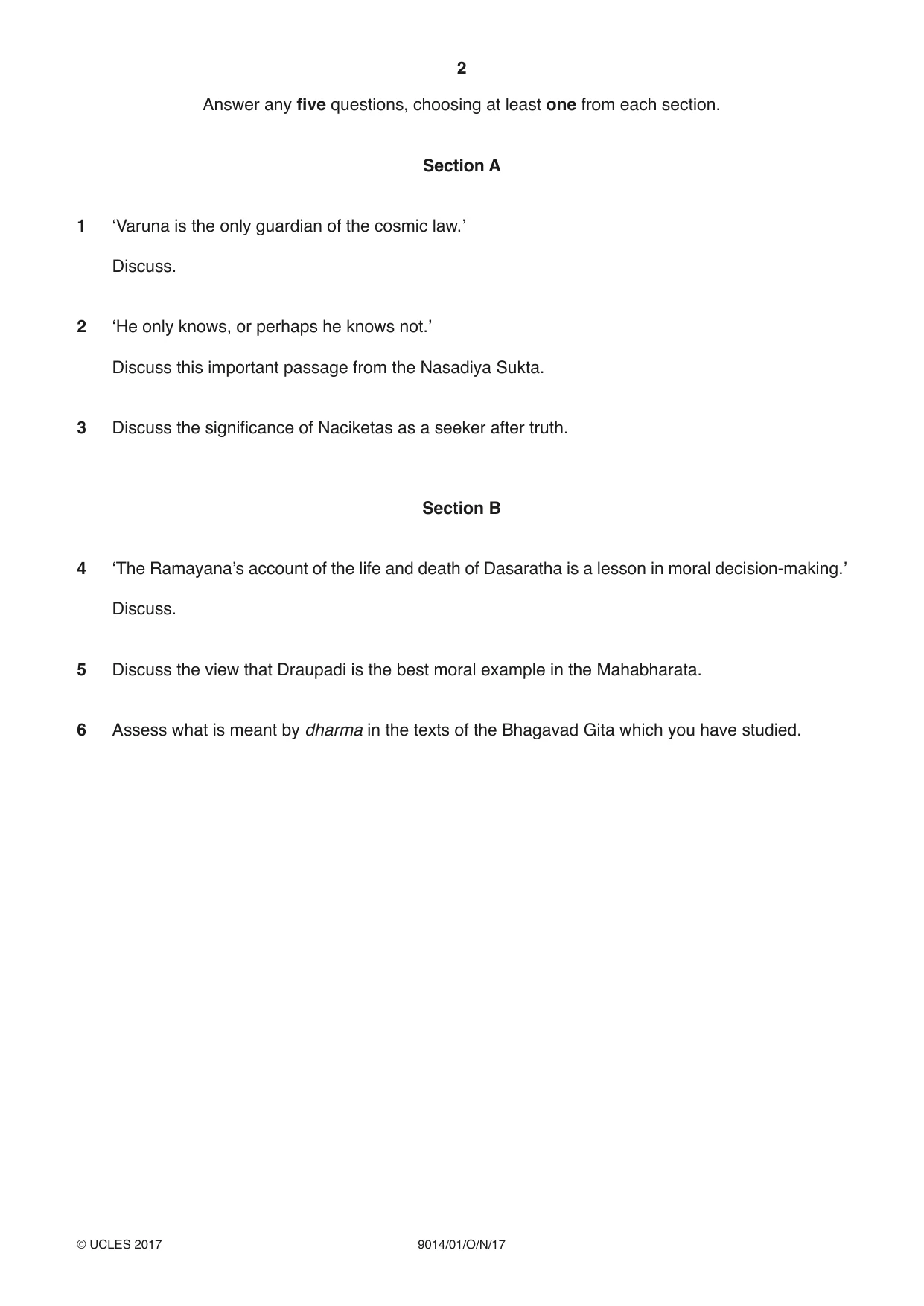 Cambridge A Level Hinduism 9014 2017 Oct/Nov Paper 1 · Variant 1 question paper, page 2 of 4
