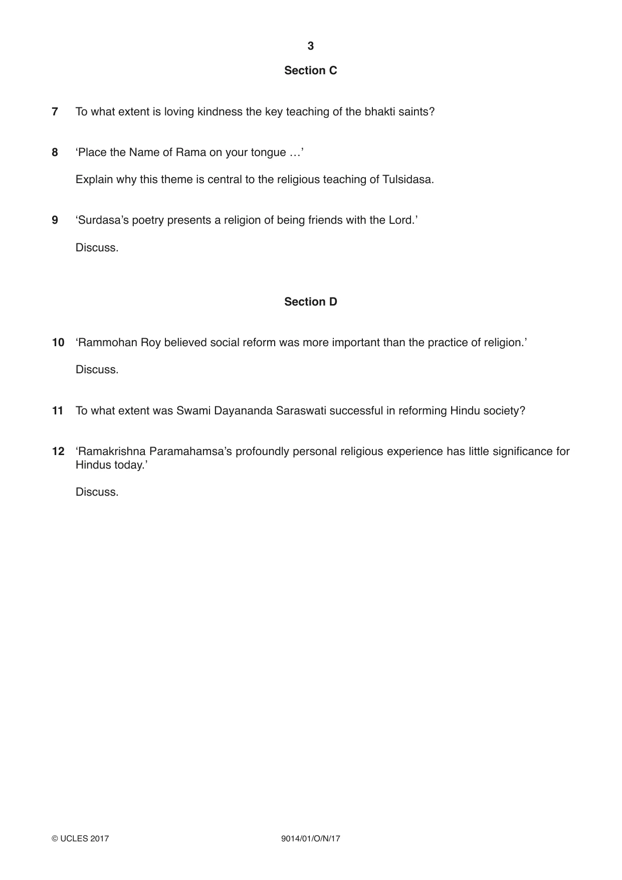 Cambridge A Level Hinduism 9014 2017 Oct/Nov Paper 1 · Variant 1 question paper, page 3 of 4
