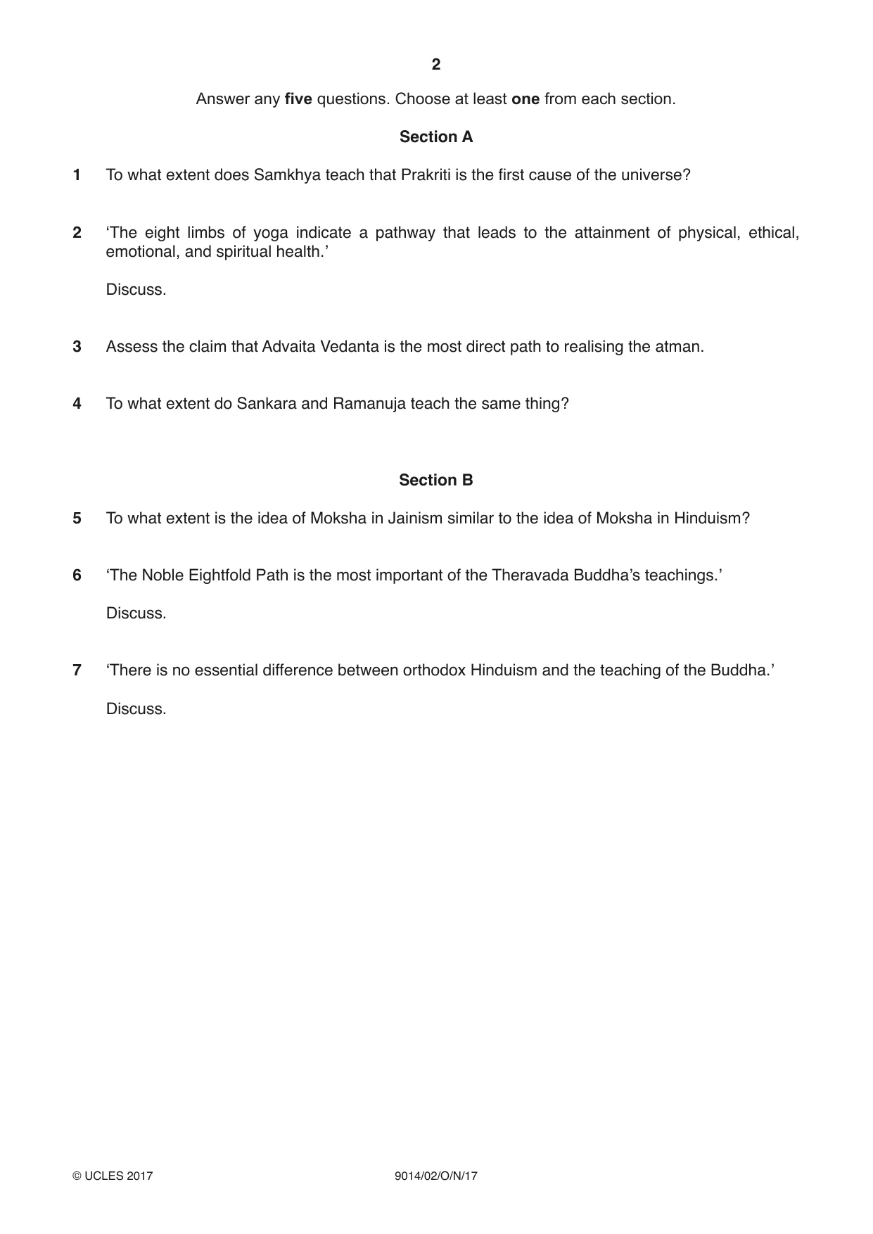 Cambridge A Level Hinduism 9014 2017 Oct/Nov Paper 2 · Variant 1 question paper, page 2 of 4