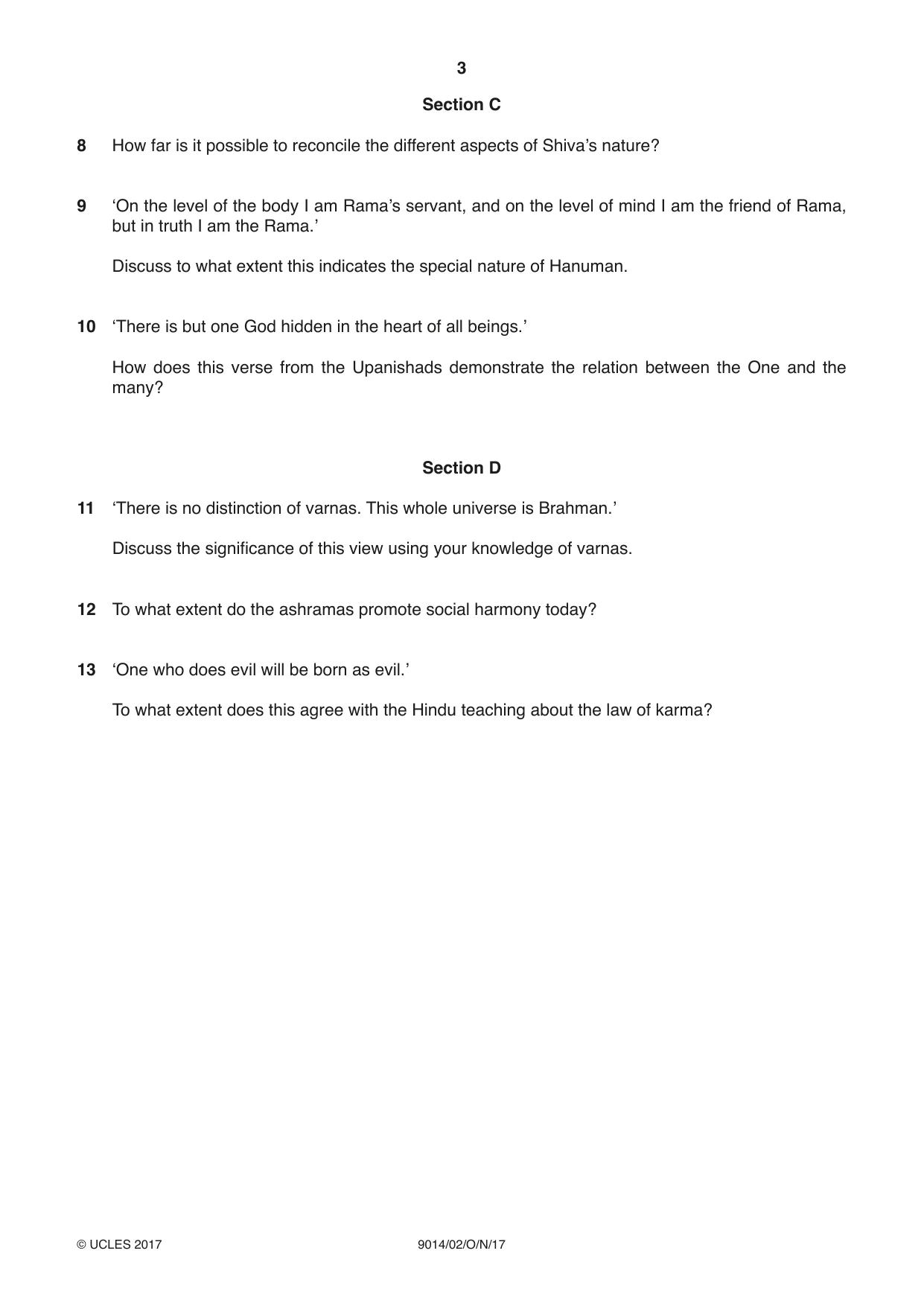 Cambridge A Level Hinduism 9014 2017 Oct/Nov Paper 2 · Variant 1 question paper, page 3 of 4