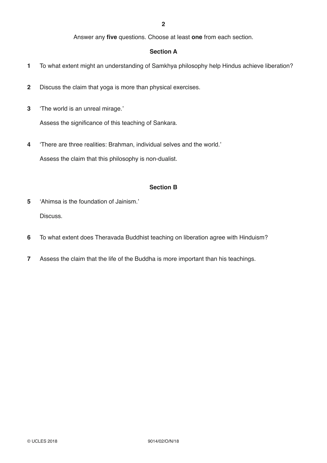 Cambridge A Level Hinduism 9014 2018 Oct/Nov Paper 2 · Variant 0 question paper, page 2 of 4