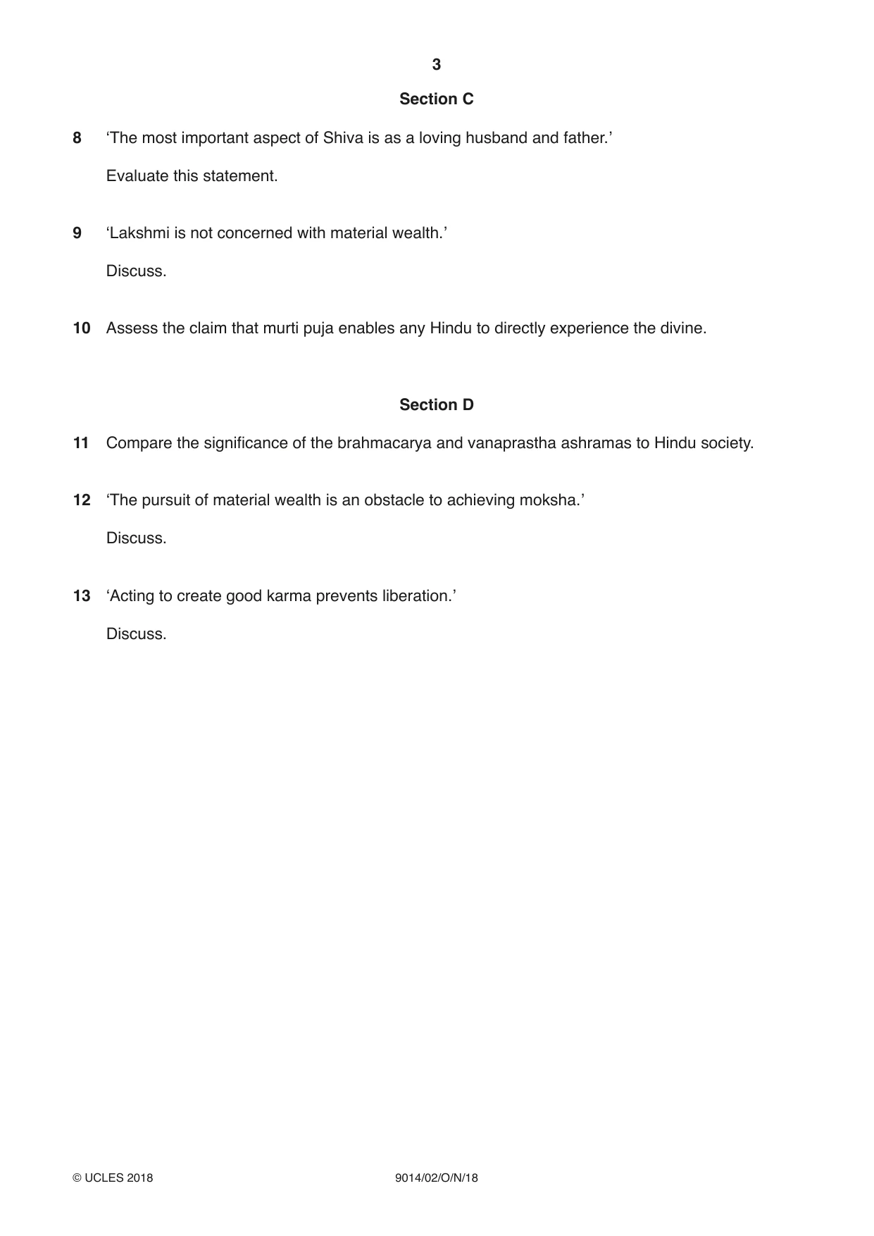 Cambridge A Level Hinduism 9014 2018 Oct/Nov Paper 2 · Variant 0 question paper, page 3 of 4