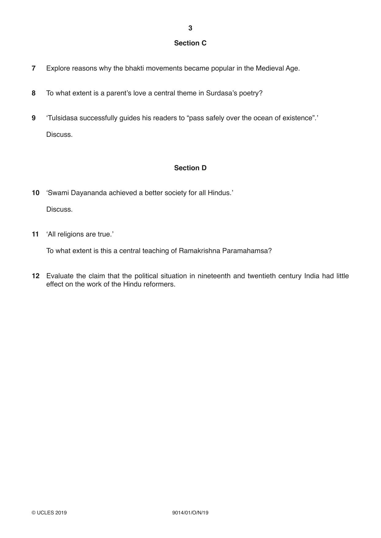 Cambridge A Level Hinduism 9014 2019 Oct/Nov Paper 1 · Variant 1 question paper, page 3 of 4