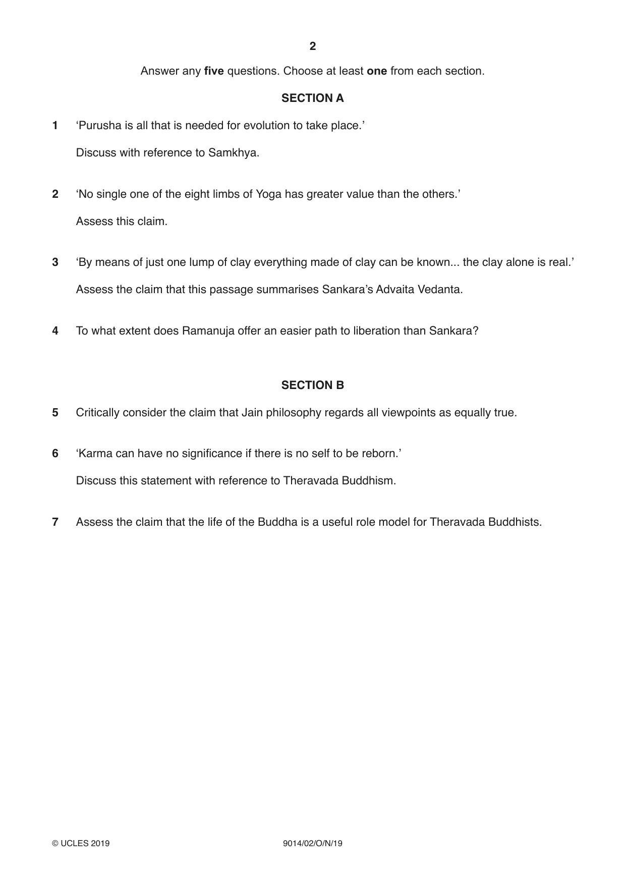 Cambridge A Level Hinduism 9014 2019 Oct/Nov Paper 2 · Variant 1 question paper, page 2 of 4