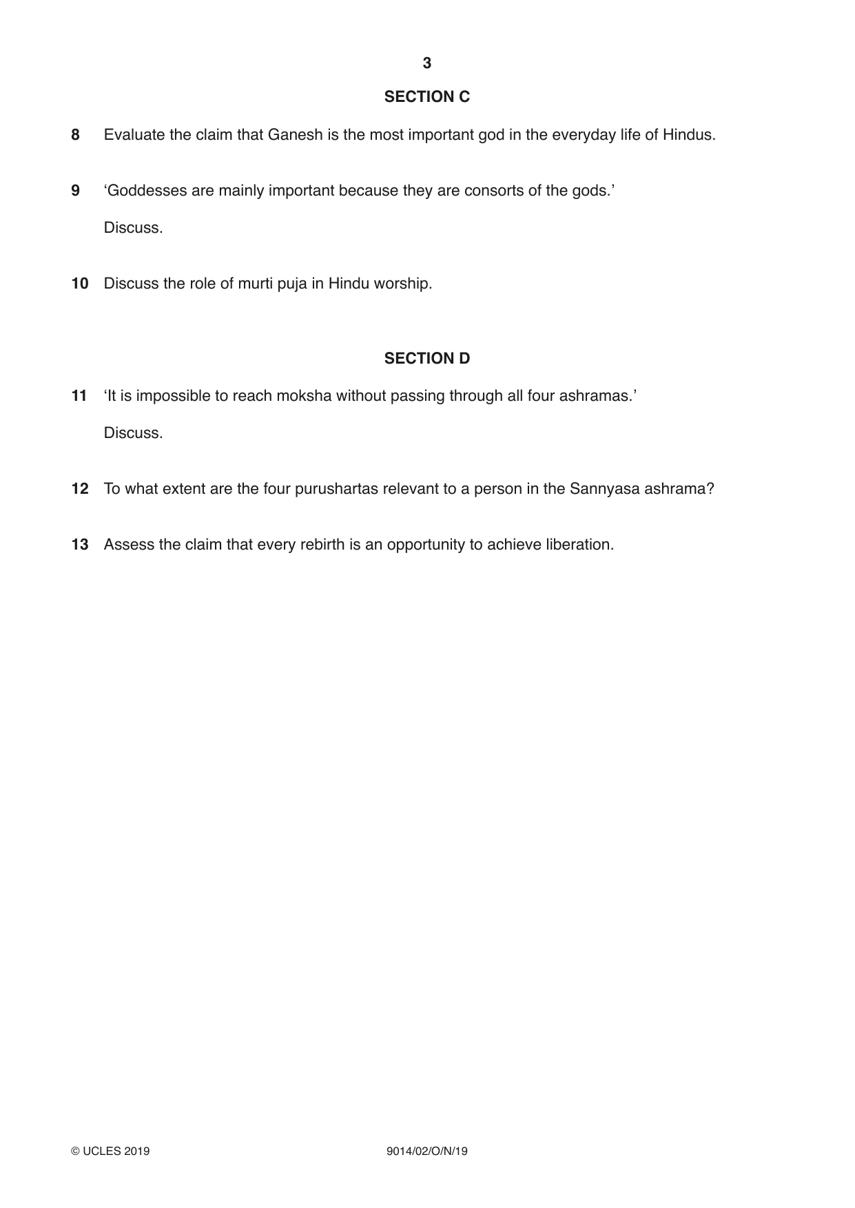 Cambridge A Level Hinduism 9014 2019 Oct/Nov Paper 2 · Variant 1 question paper, page 3 of 4
