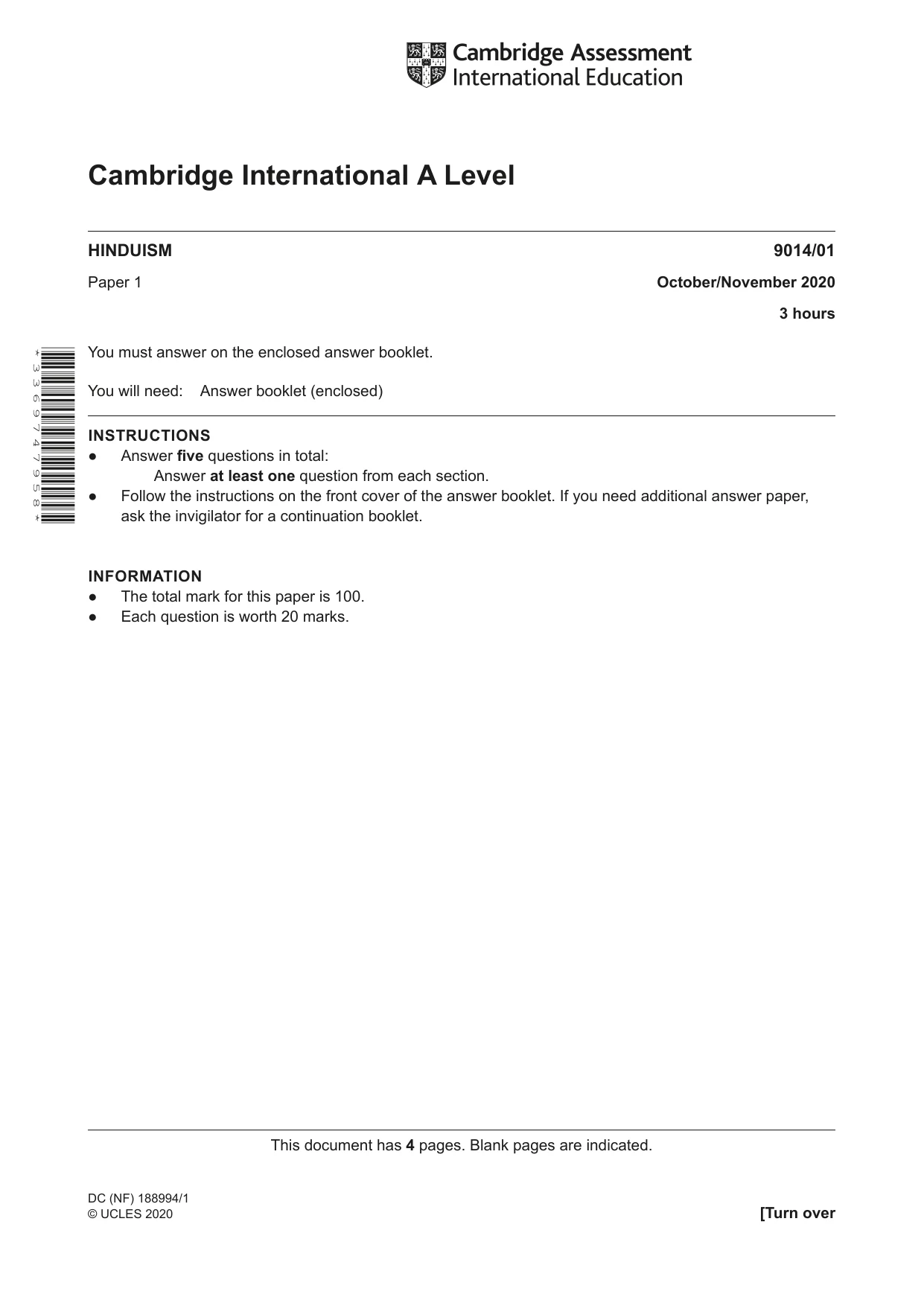 Cambridge A Level Hinduism 9014 2020 Oct/Nov Paper 1 · Variant 0 question paper, page 1 of 4