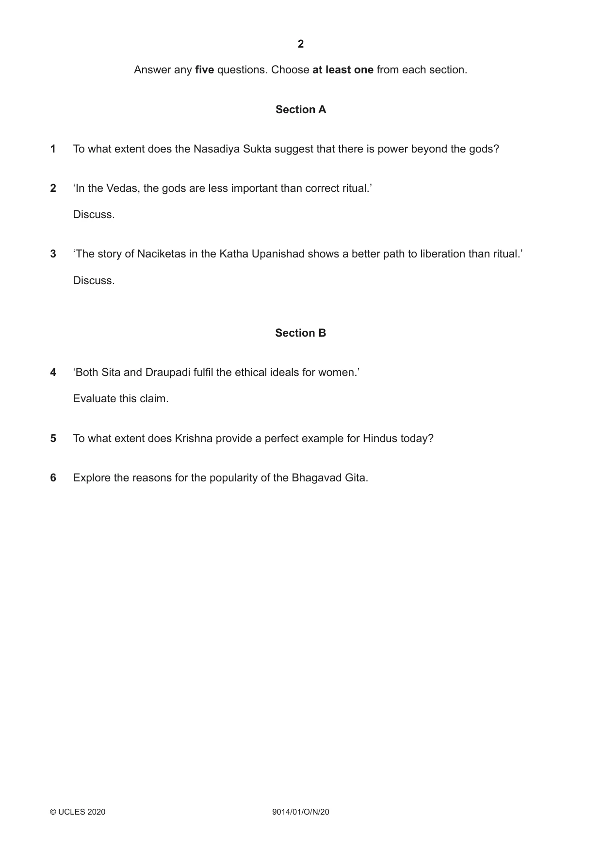 Cambridge A Level Hinduism 9014 2020 Oct/Nov Paper 1 · Variant 0 question paper, page 2 of 4