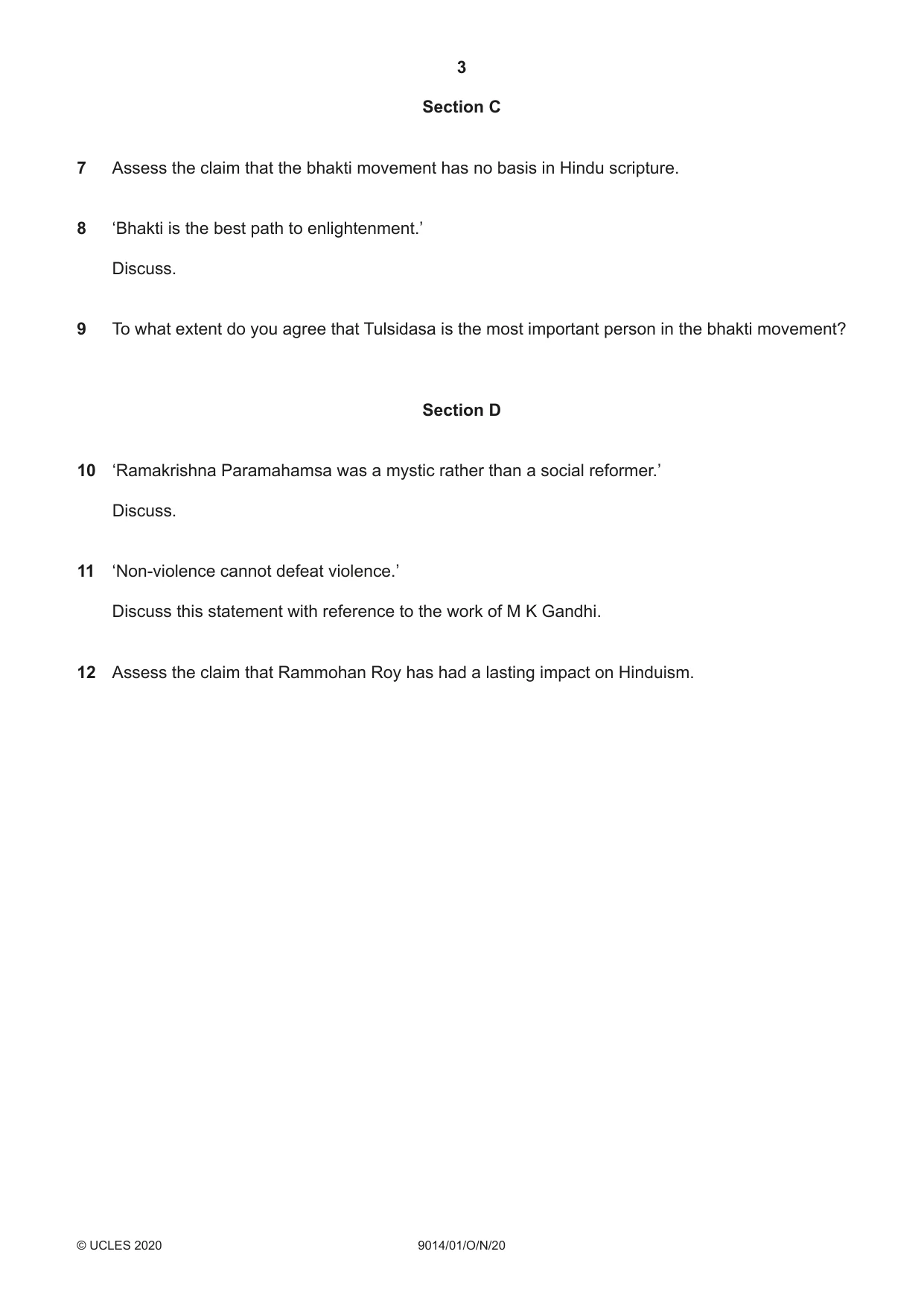 Cambridge A Level Hinduism 9014 2020 Oct/Nov Paper 1 · Variant 0 question paper, page 3 of 4