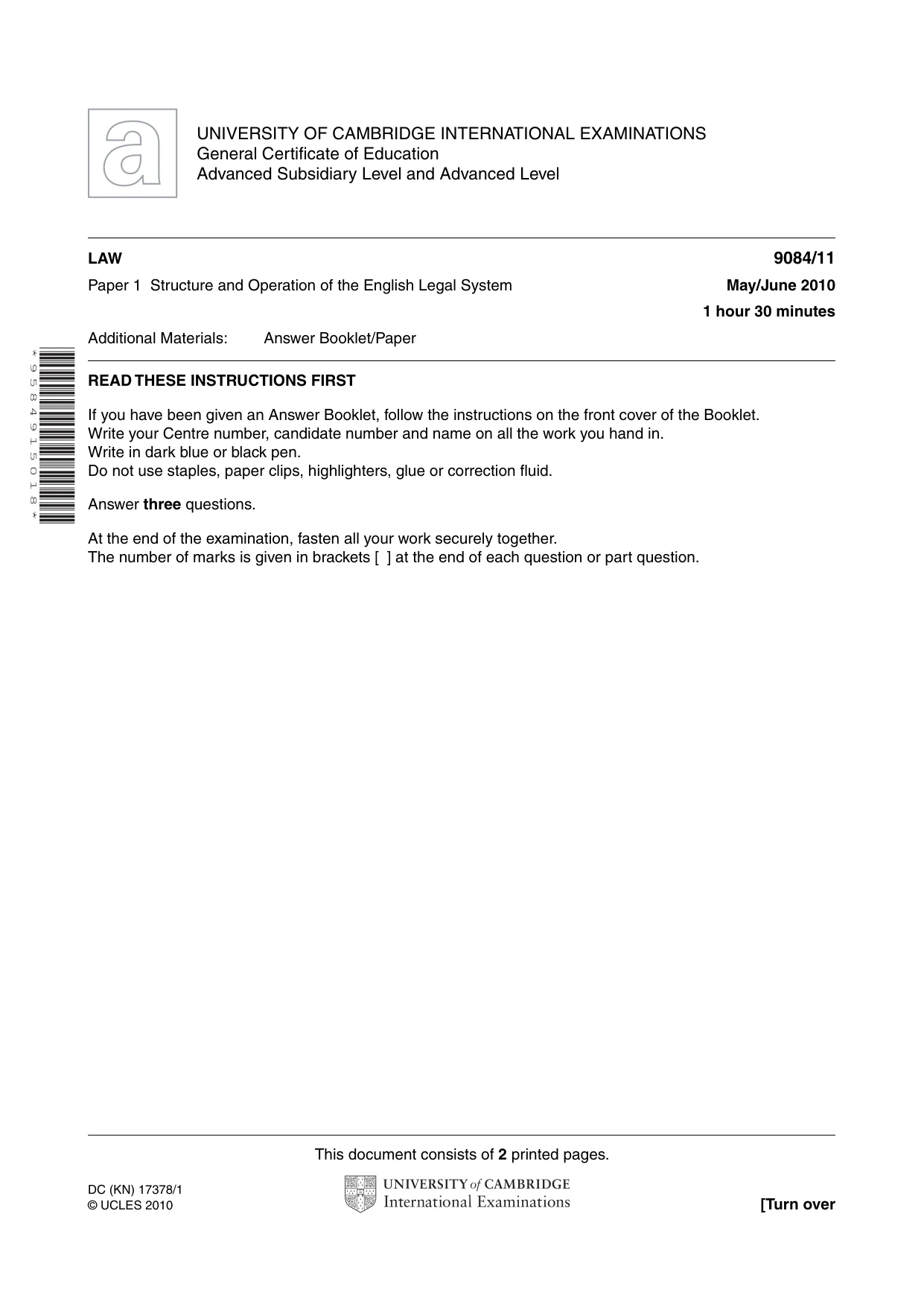 Cambridge A Level Law 9084 2010 May/June Paper 1 · Variant 1 question paper, page 1 of 2