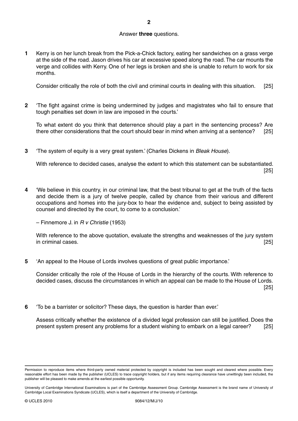 Cambridge A Level Law 9084 2010 May/June Paper 1 · Variant 2 question paper, page 2 of 2