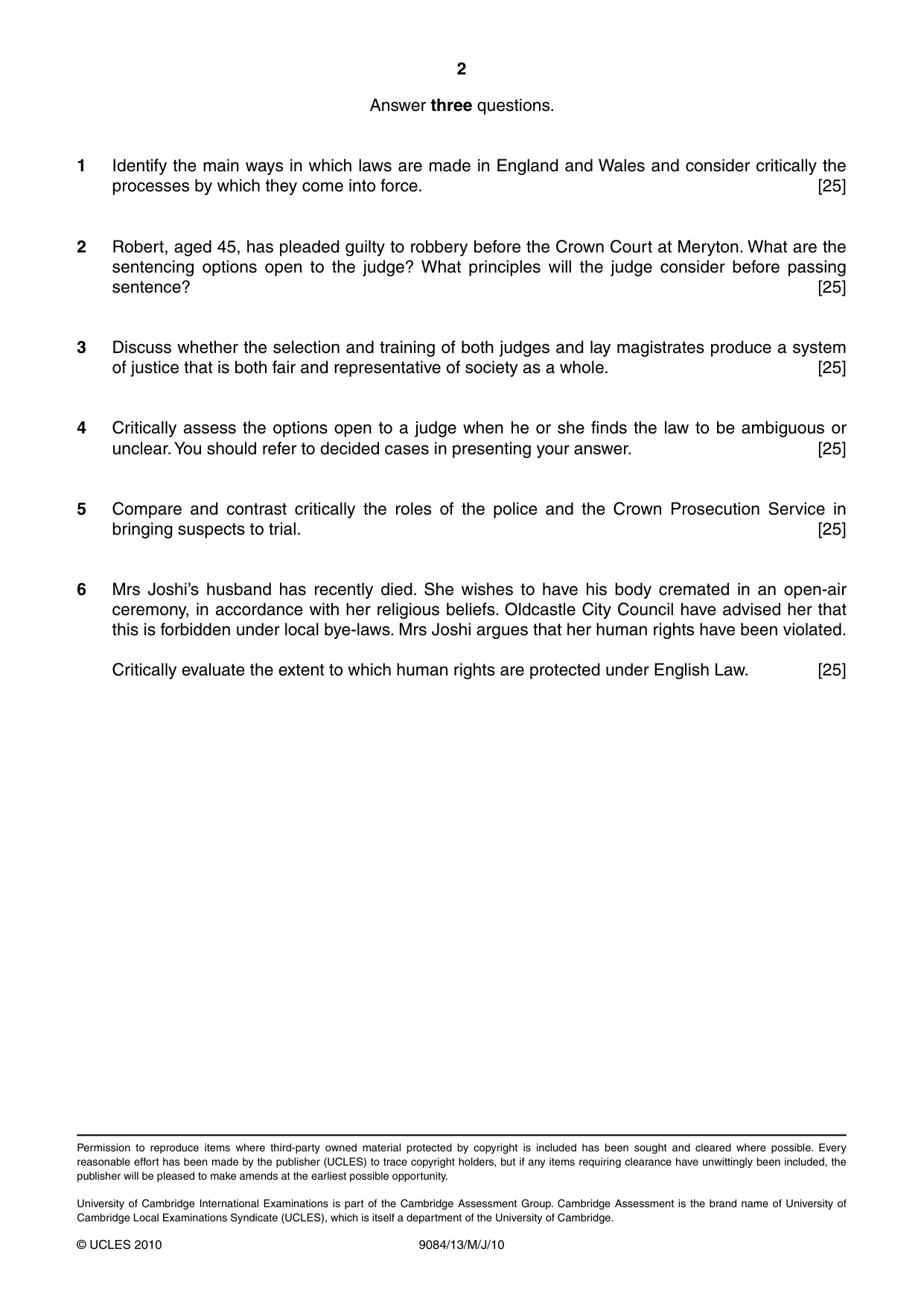 Cambridge A Level Law 9084 2010 May/June Paper 1 · Variant 3 question paper, page 2 of 2