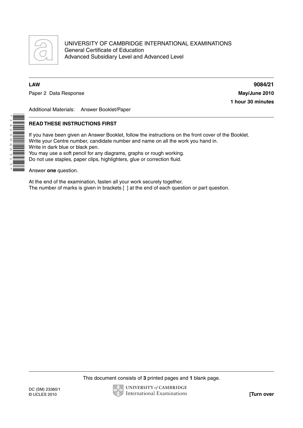 Cambridge A Level Law 9084 2010 May/June Paper 2 · Variant 1 question paper, page 1 of 4