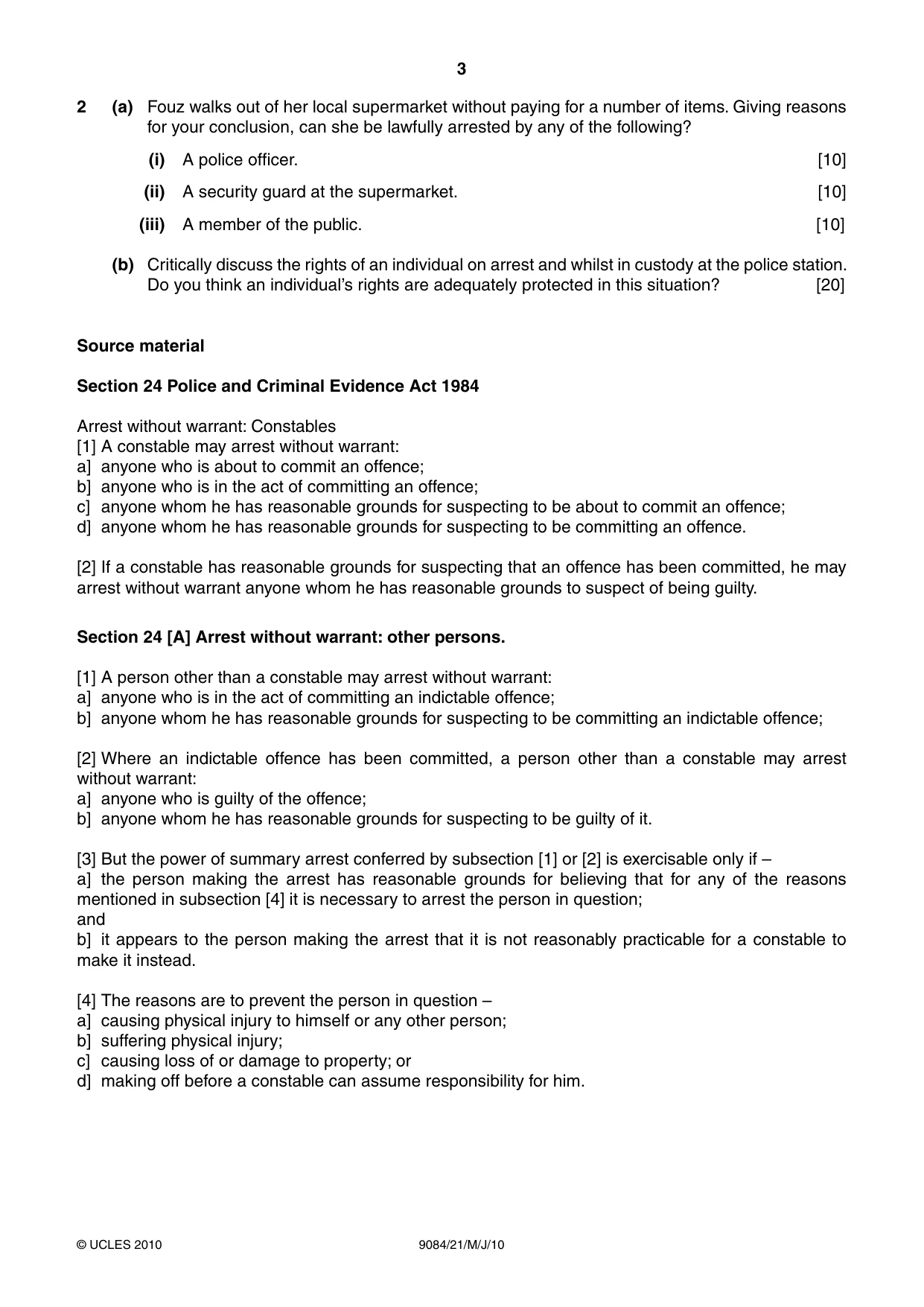 Cambridge A Level Law 9084 2010 May/June Paper 2 · Variant 1 question paper, page 3 of 4