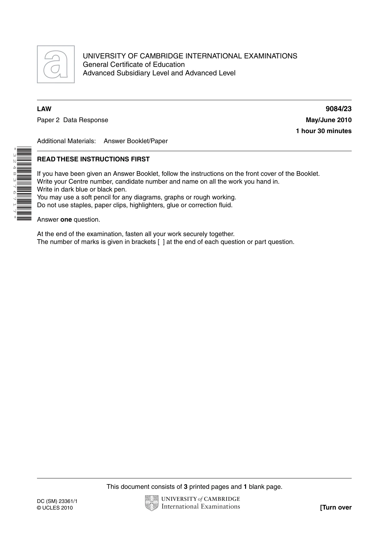 Cambridge A Level Law 9084 2010 May/June Paper 2 · Variant 3 question paper, page 1 of 4