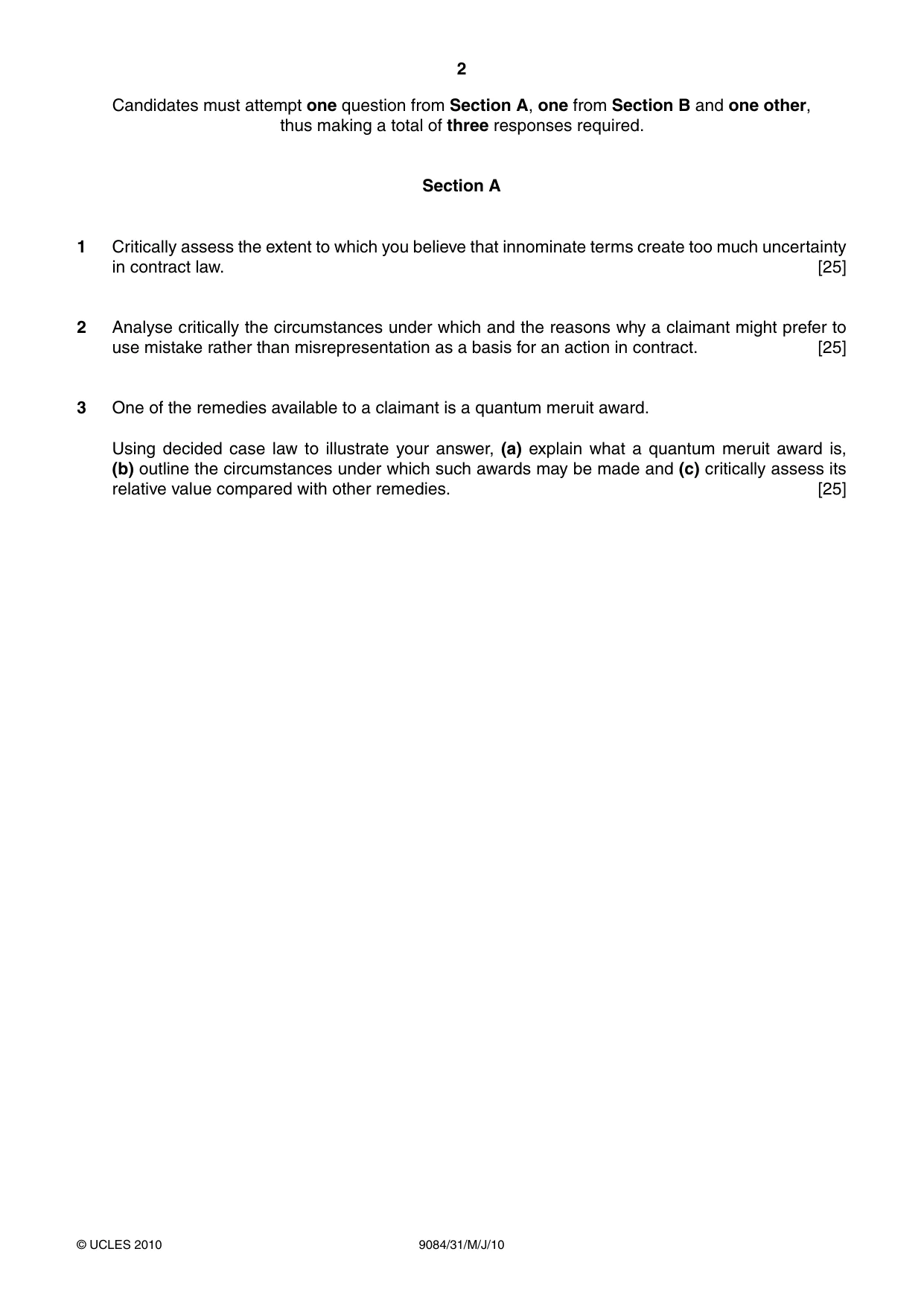 Cambridge A Level Law 9084 2010 May/June Paper 3 · Variant 1 question paper, page 2 of 4