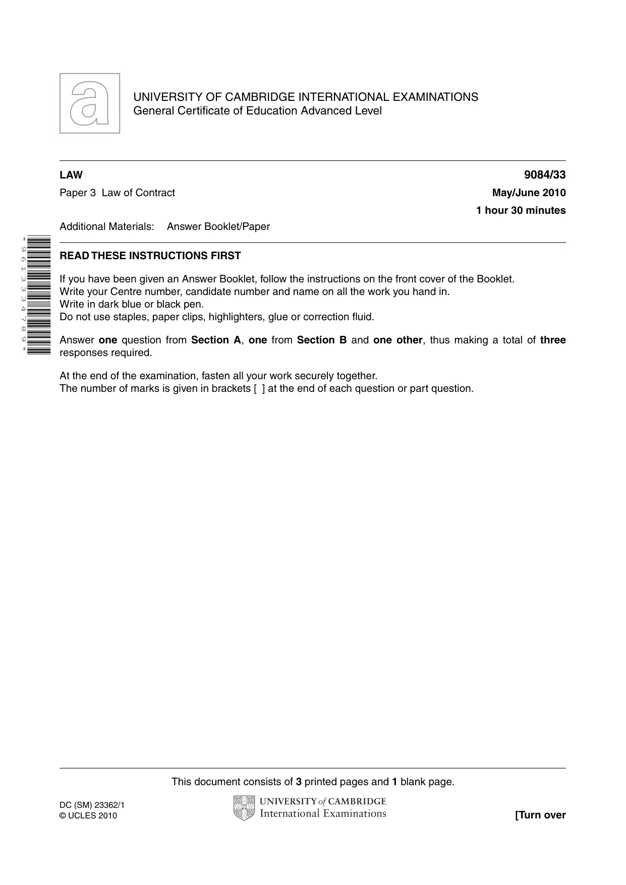 Cambridge A Level Law 9084 2010 May/June Paper 3 · Variant 3 question paper, page 1 of 4