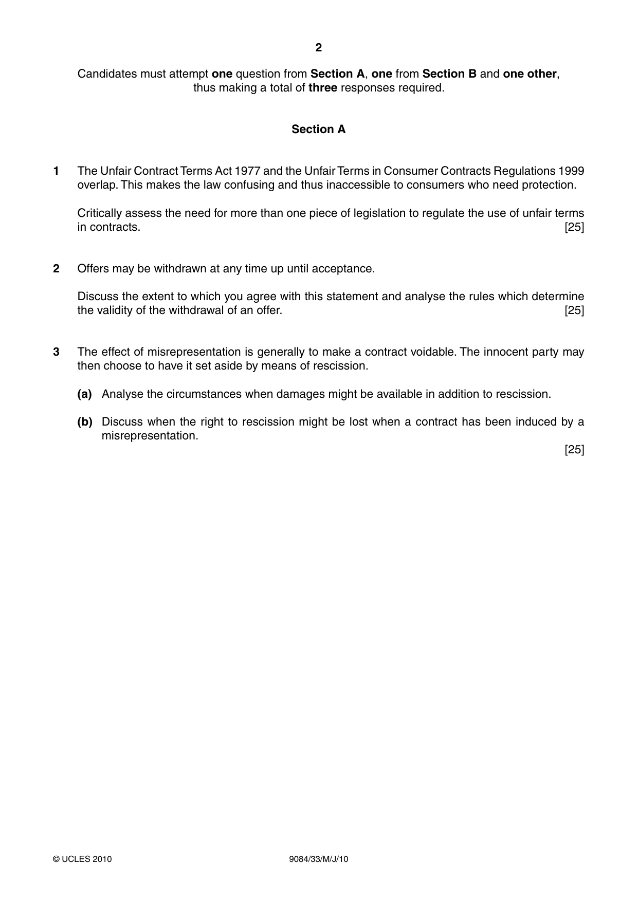 Cambridge A Level Law 9084 2010 May/June Paper 3 · Variant 3 question paper, page 2 of 4