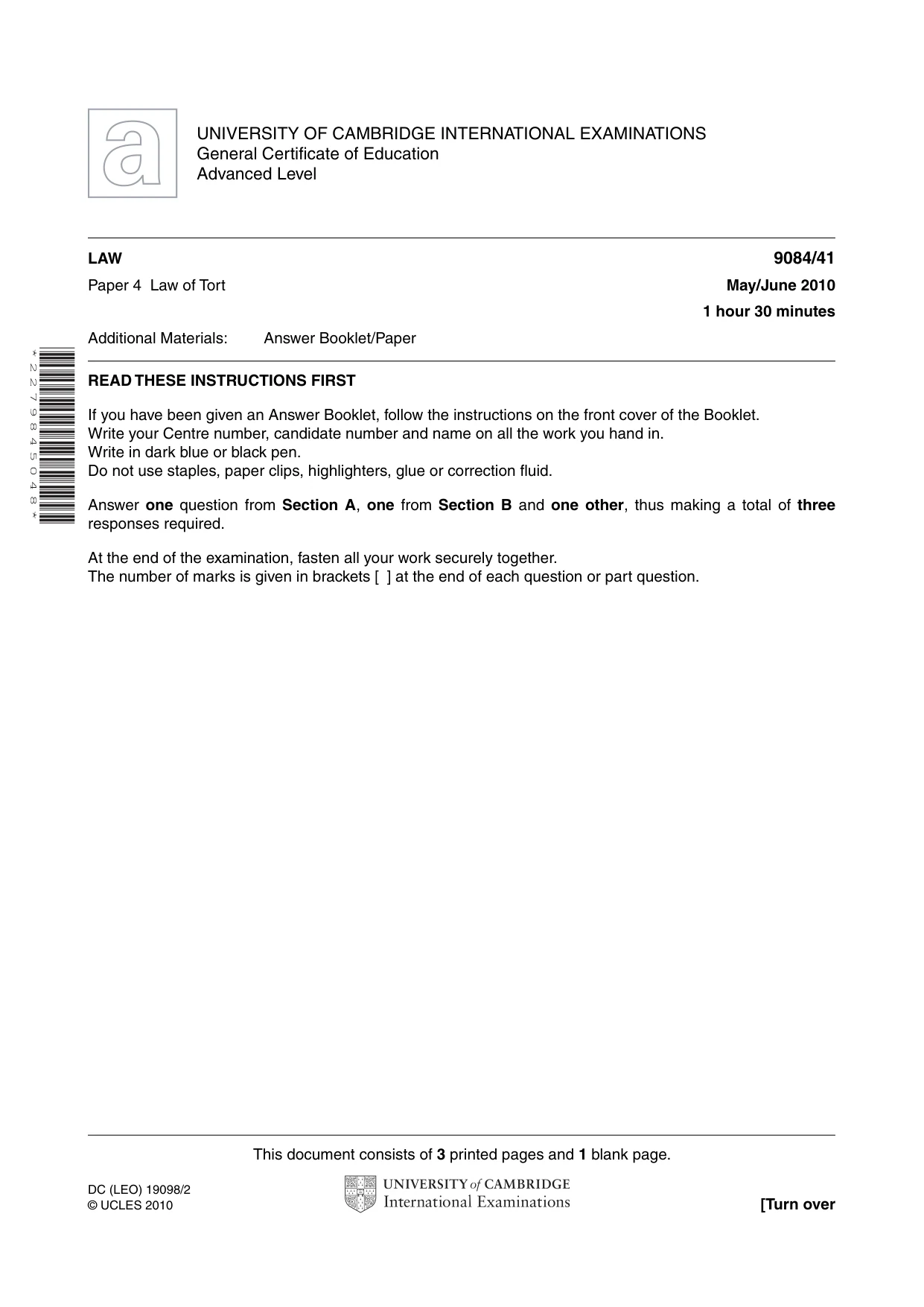 Cambridge A Level Law 9084 2010 May/June Paper 4 · Variant 1 question paper, page 1 of 4