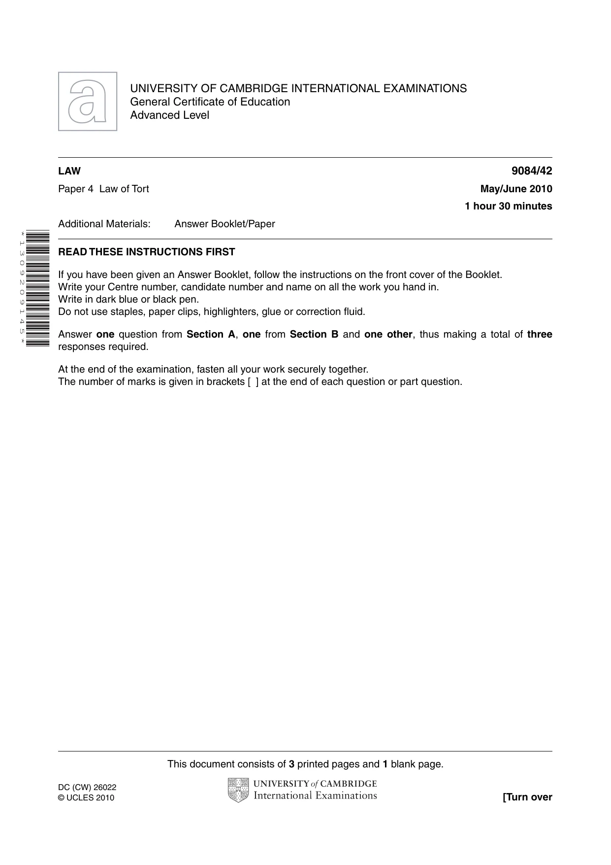 Cambridge A Level Law 9084 2010 May/June Paper 4 · Variant 2 question paper, page 1 of 4
