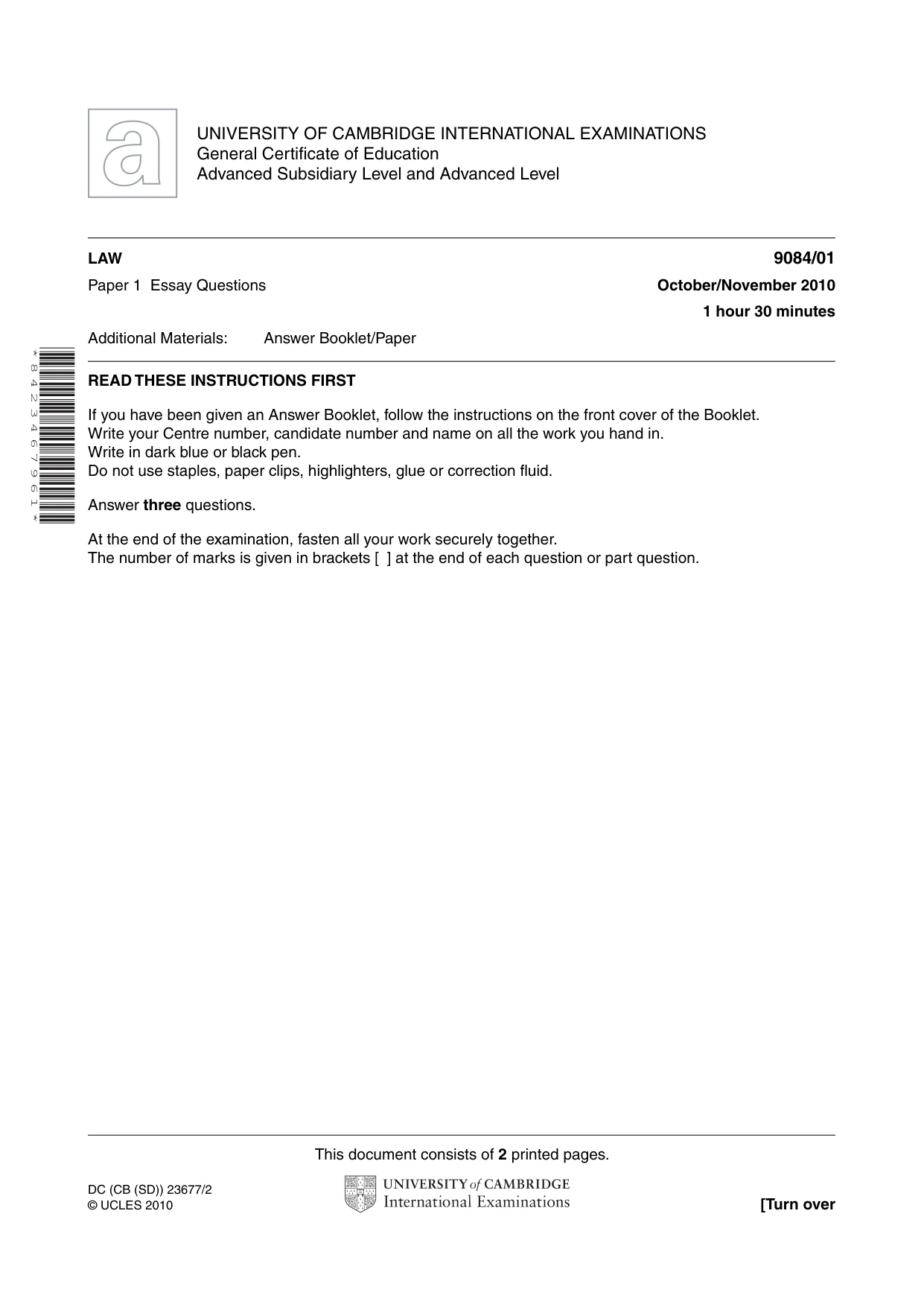 Cambridge A Level Law 9084 2010 Oct/Nov Paper 1 · Variant 1 question paper, page 1 of 2