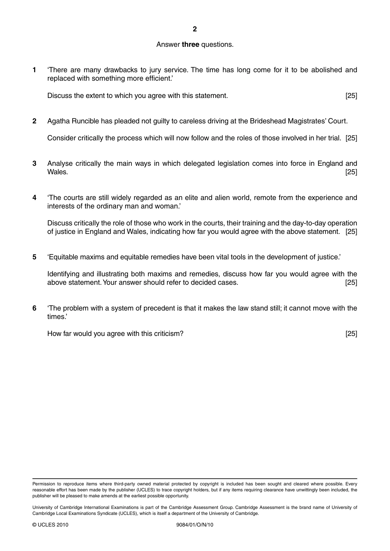 Cambridge A Level Law 9084 2010 Oct/Nov Paper 1 · Variant 1 question paper, page 2 of 2