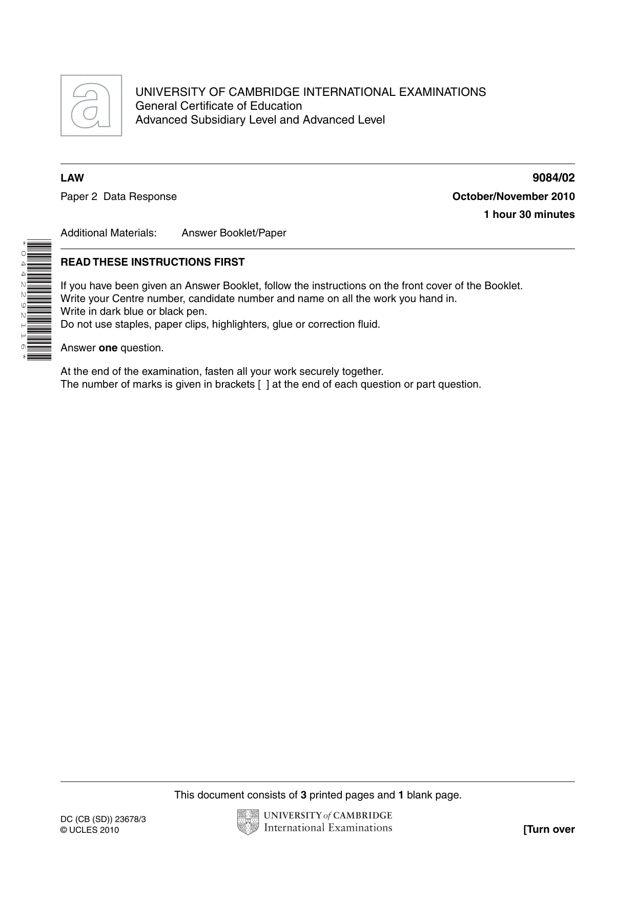 Cambridge A Level Law 9084 2010 Oct/Nov Paper 2 · Variant 1 question paper, page 1 of 4