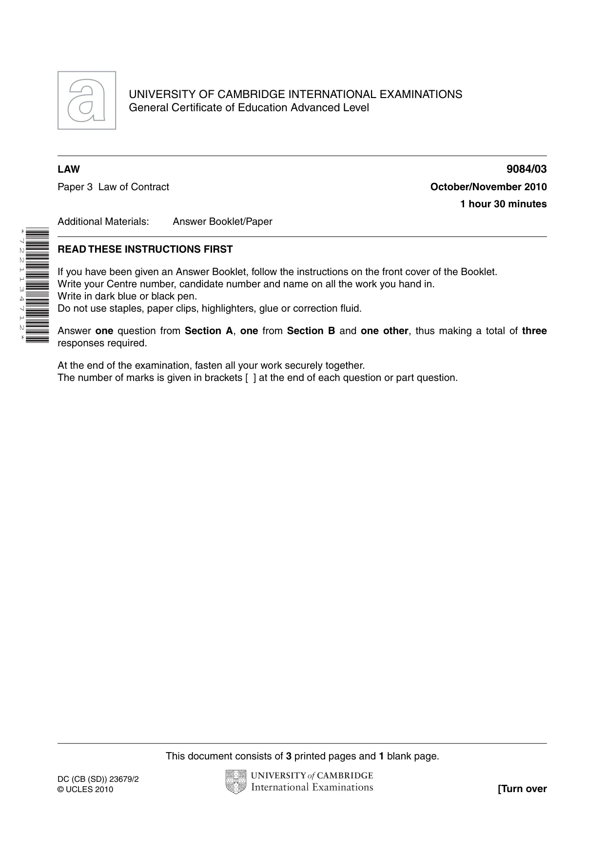 Cambridge A Level Law 9084 2010 Oct/Nov Paper 3 · Variant 1 question paper, page 1 of 4