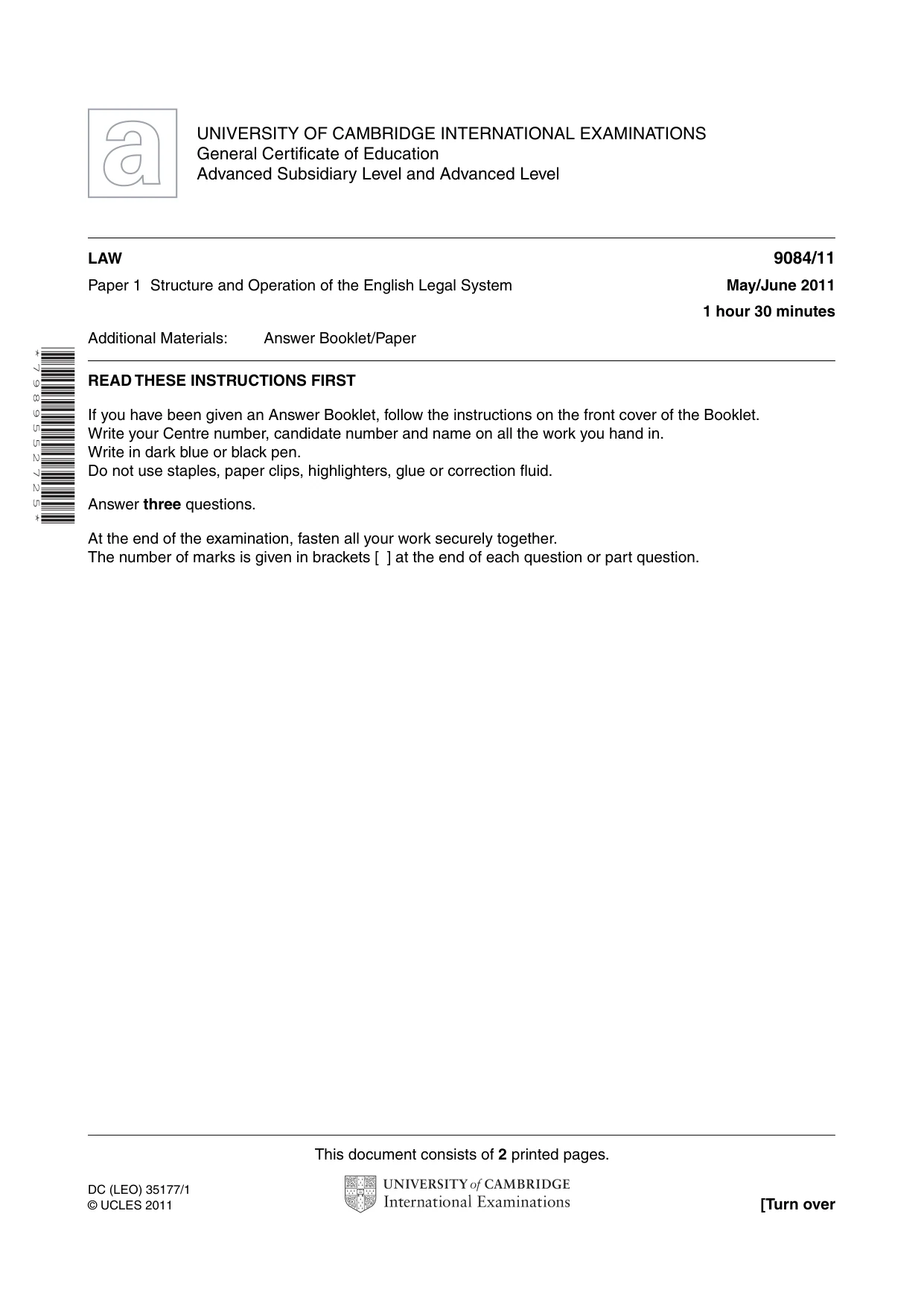 Cambridge A Level Law 9084 2011 May/June Paper 1 · Variant 1 question paper, page 1 of 2