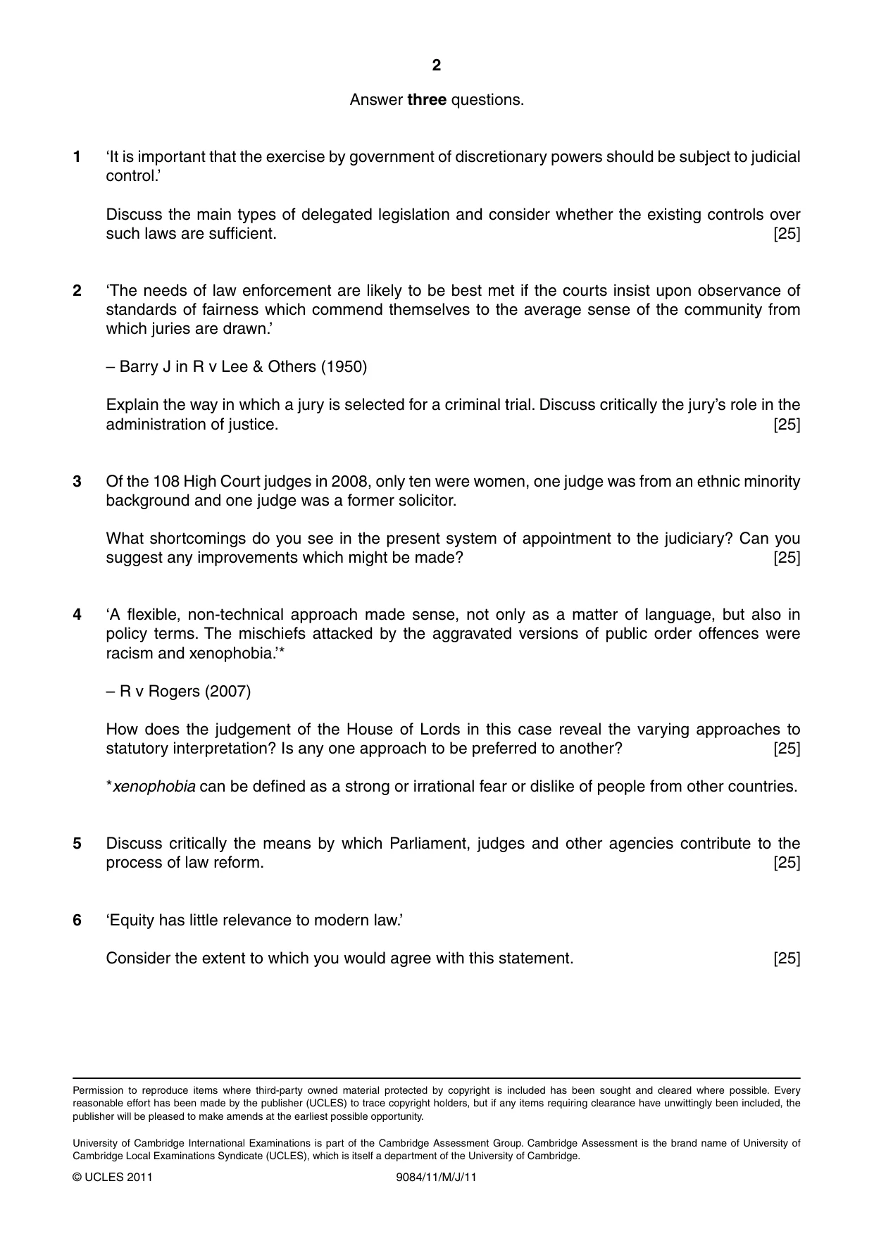 Cambridge A Level Law 9084 2011 May/June Paper 1 · Variant 1 question paper, page 2 of 2