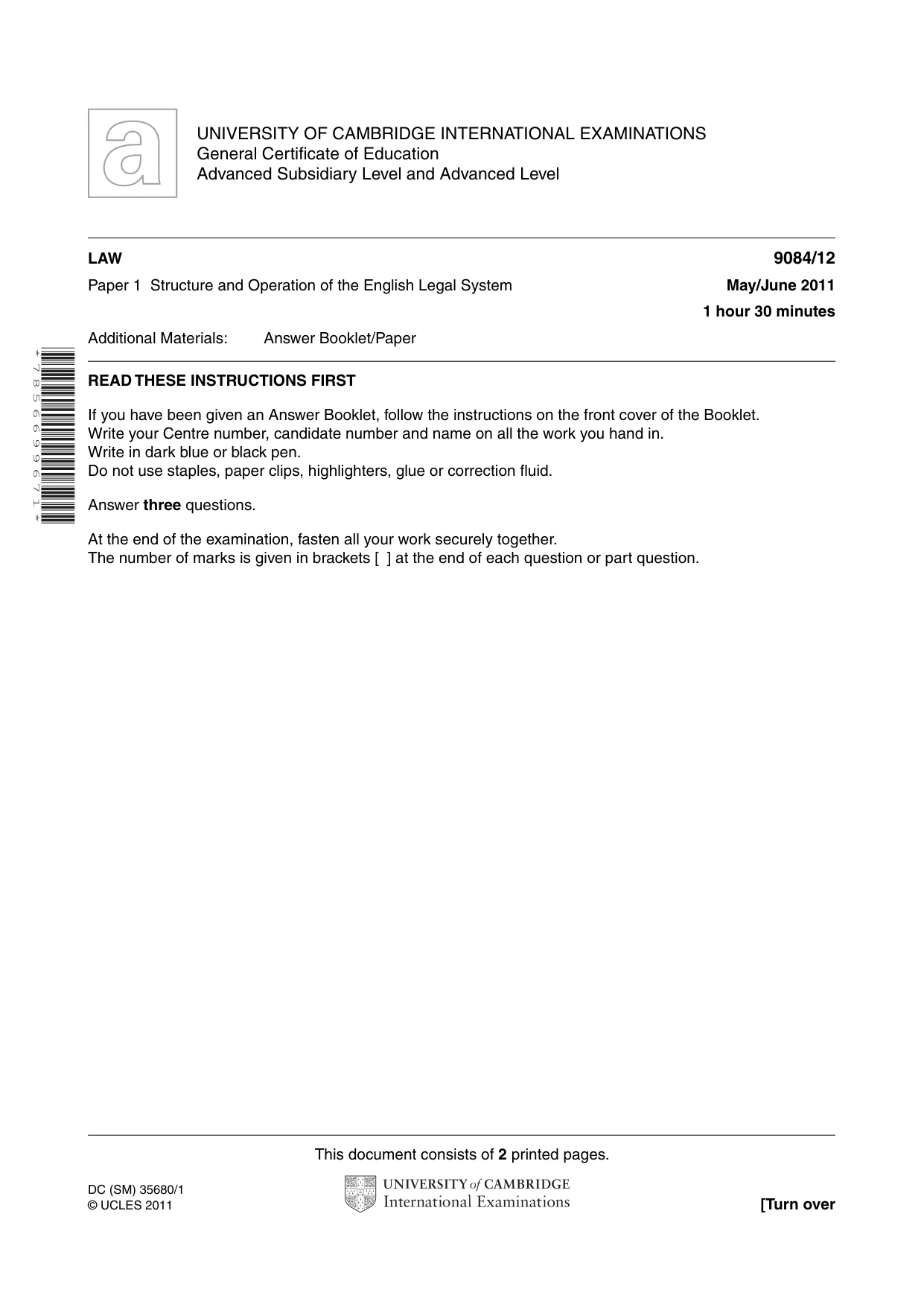 Cambridge A Level Law 9084 2011 May/June Paper 1 · Variant 2 question paper, page 1 of 2