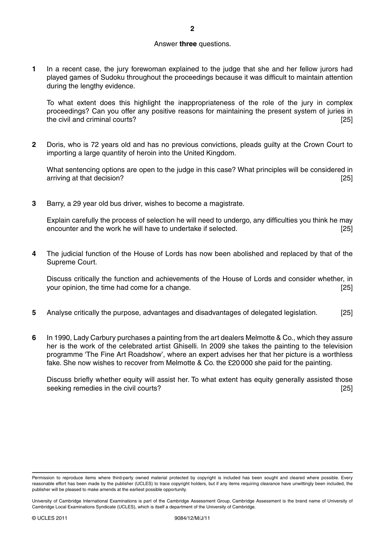 Cambridge A Level Law 9084 2011 May/June Paper 1 · Variant 2 question paper, page 2 of 2