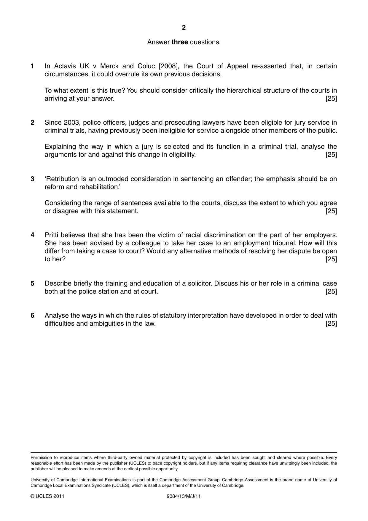 Cambridge A Level Law 9084 2011 May/June Paper 1 · Variant 3 question paper, page 2 of 2