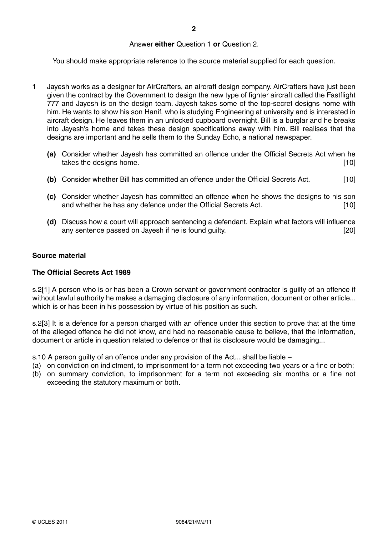 Cambridge A Level Law 9084 2011 May/June Paper 2 · Variant 1 question paper, page 2 of 4
