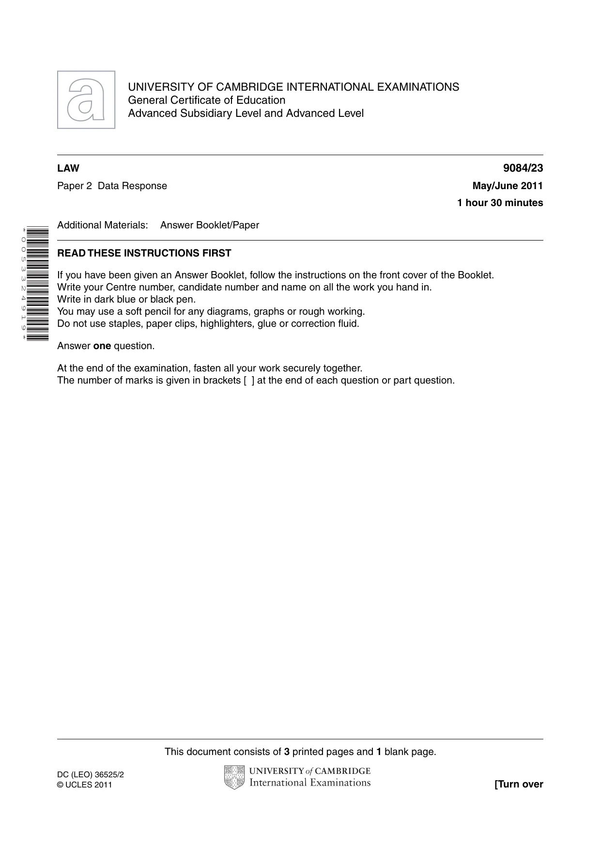 Cambridge A Level Law 9084 2011 May/June Paper 2 · Variant 3 question paper, page 1 of 4