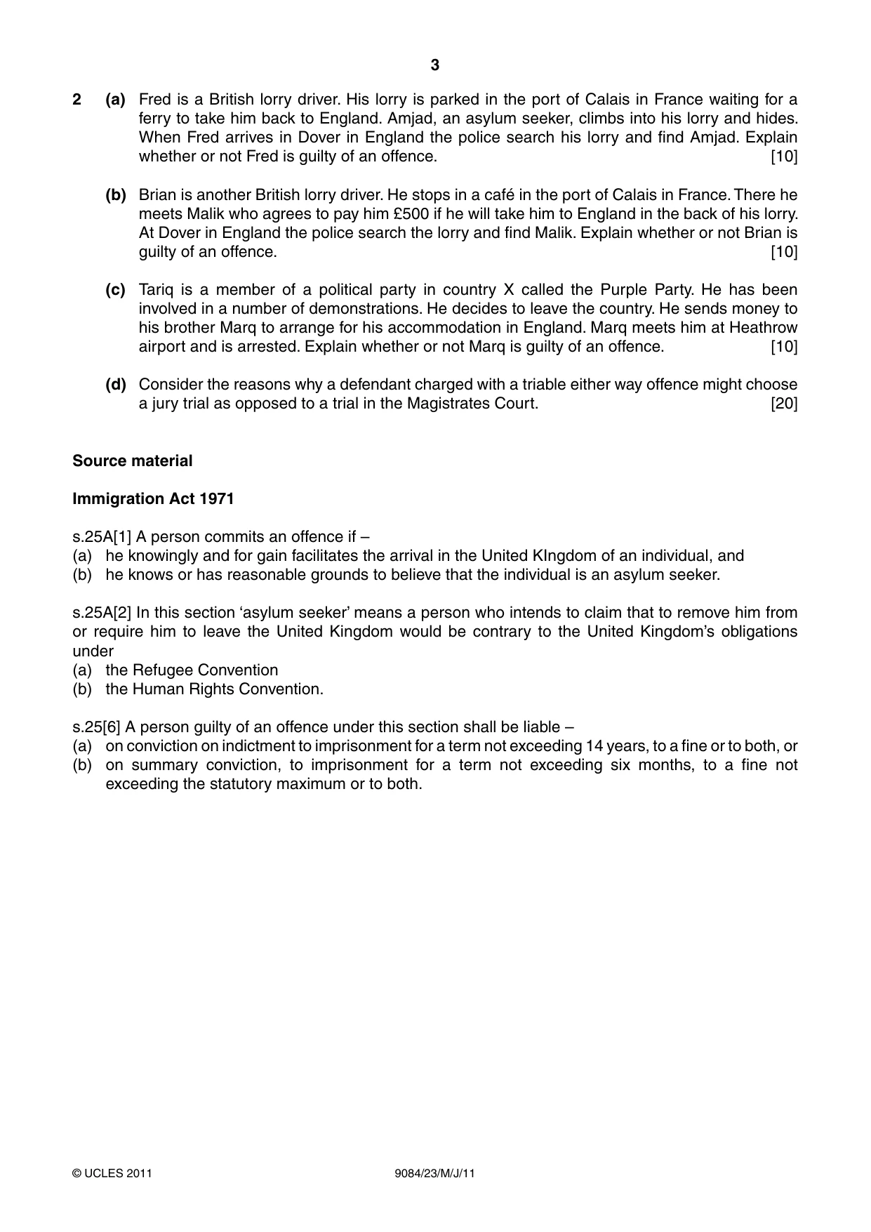 Cambridge A Level Law 9084 2011 May/June Paper 2 · Variant 3 question paper, page 3 of 4