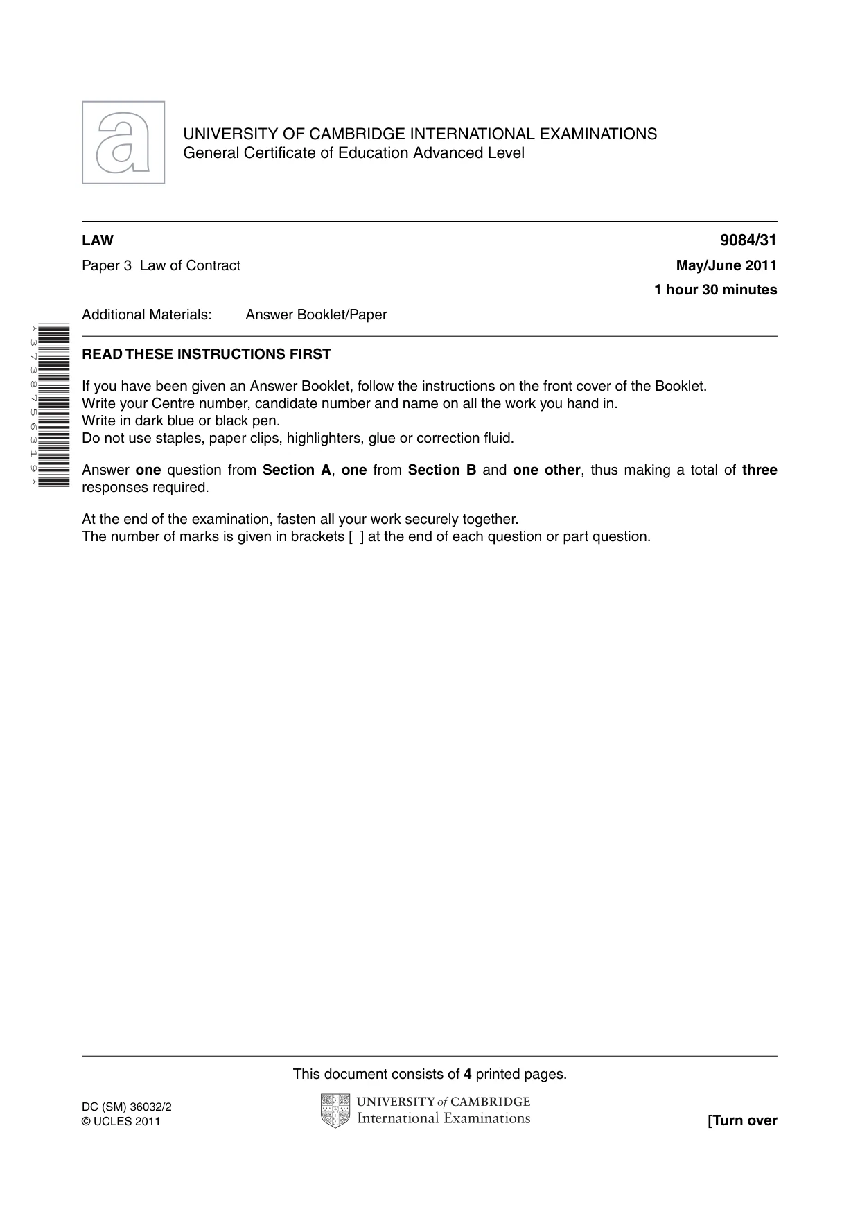 Cambridge A Level Law 9084 2011 May/June Paper 3 · Variant 1 question paper, page 1 of 4