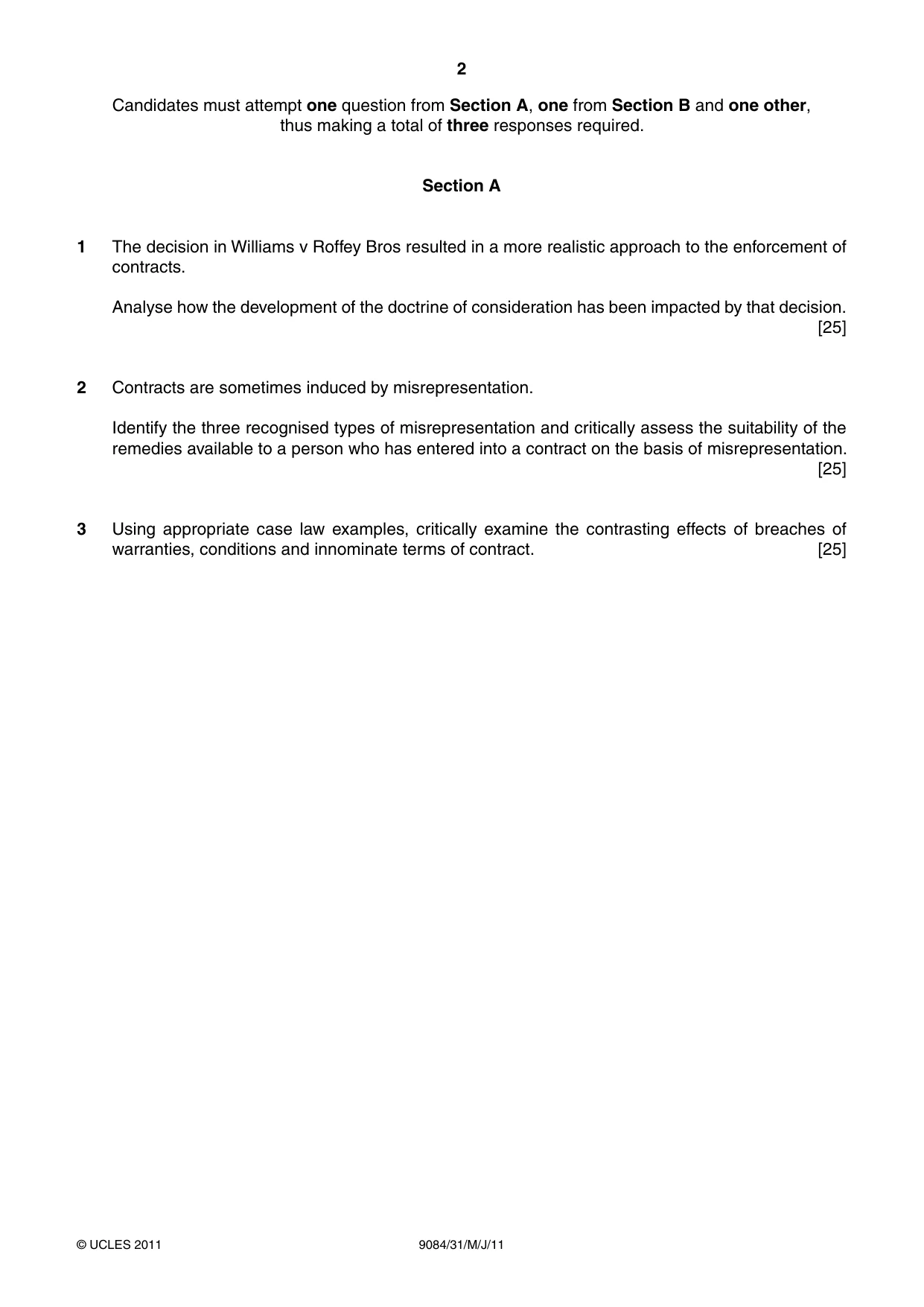 Cambridge A Level Law 9084 2011 May/June Paper 3 · Variant 1 question paper, page 2 of 4