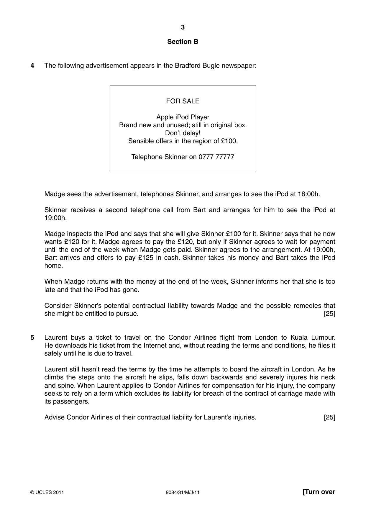 Cambridge A Level Law 9084 2011 May/June Paper 3 · Variant 1 question paper, page 3 of 4